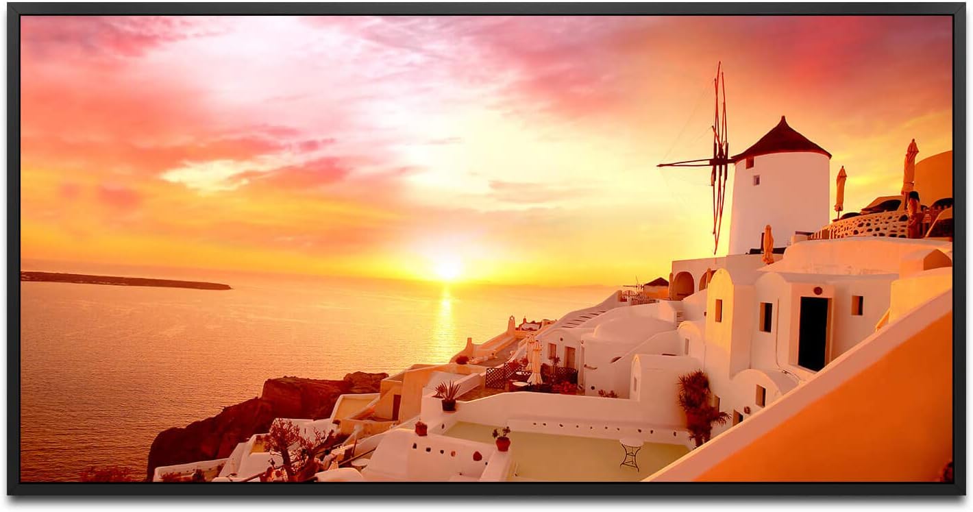 Santorini Stadt Landschaft ca. 130x70cm Wandbild inklusive Schattenfugenrahmen schwarz - Panorama Leinwand Bild XXL Format Wandbilder Wohnzimmer Wohnung Deko Kunstdrucke