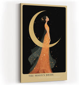 Paul Sinus Wandbild in 40x60cm The Moons Bride Elegante Frau in orangefarbenem Kleid vor goldener Mondsichel mit floralen Akzenten und romantischem Flair