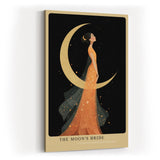 Paul Sinus Wandbild in 40x60cm The Moons Bride Elegante Frau in orangefarbenem Kleid vor goldener Mondsichel mit floralen Akzenten und romantischem Flair