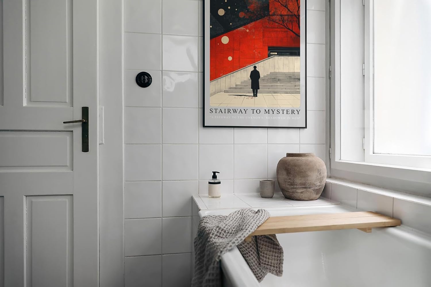 Paul Sinus Leinwandbild 40x60cm Stairway to Mystery Leinwandbild geheimnisvolle Treppe vor roter Wand faszinierende Mischung aus Architektur