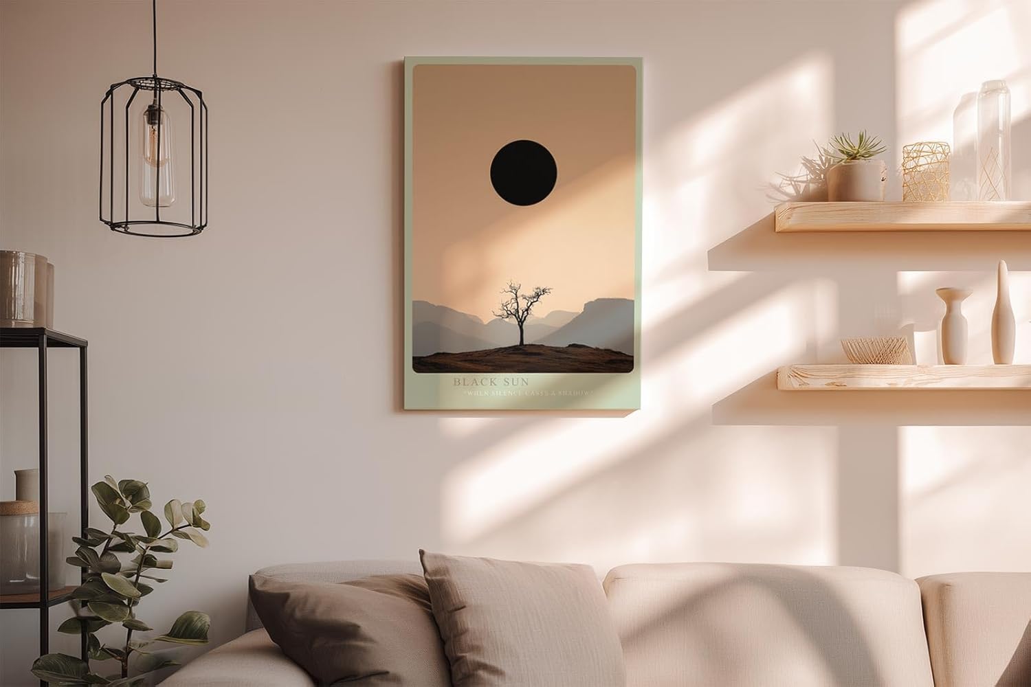 Paul Sinus Wandbild in 40x60cm Schwarze Sonne über karger Landschaft mit Baum und Gebirgssilhouette