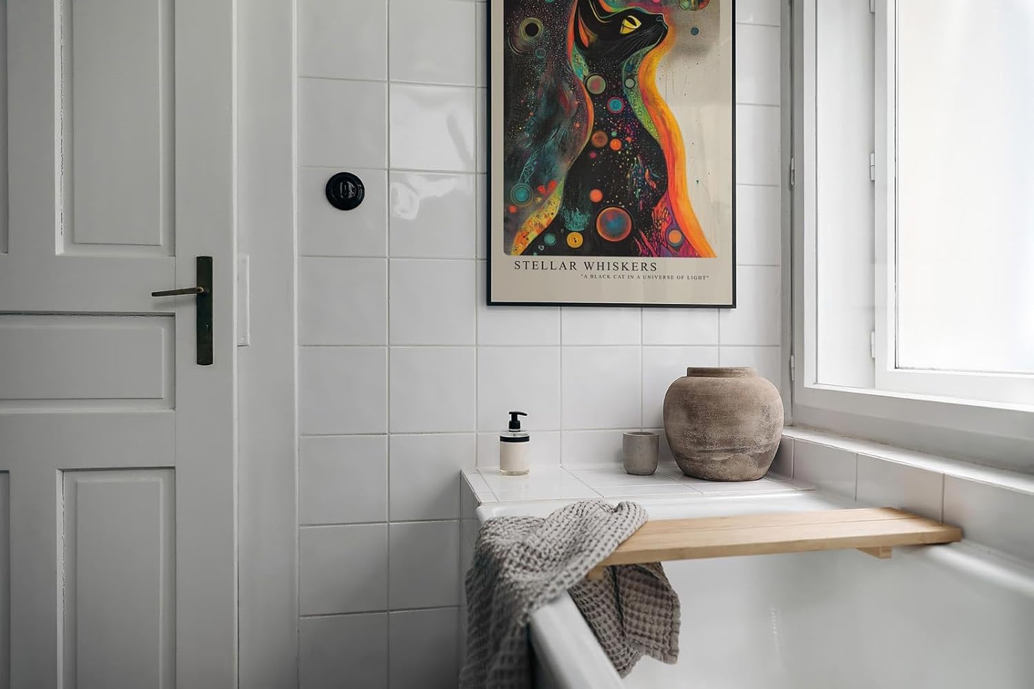 Paul Sinus Leinwandbild 60x90cm Galaktische Katze farbenfroh mystisch surreal kosmisch faszinierende Wandkunst leuchtende Farben kunstvoll hypnotisch