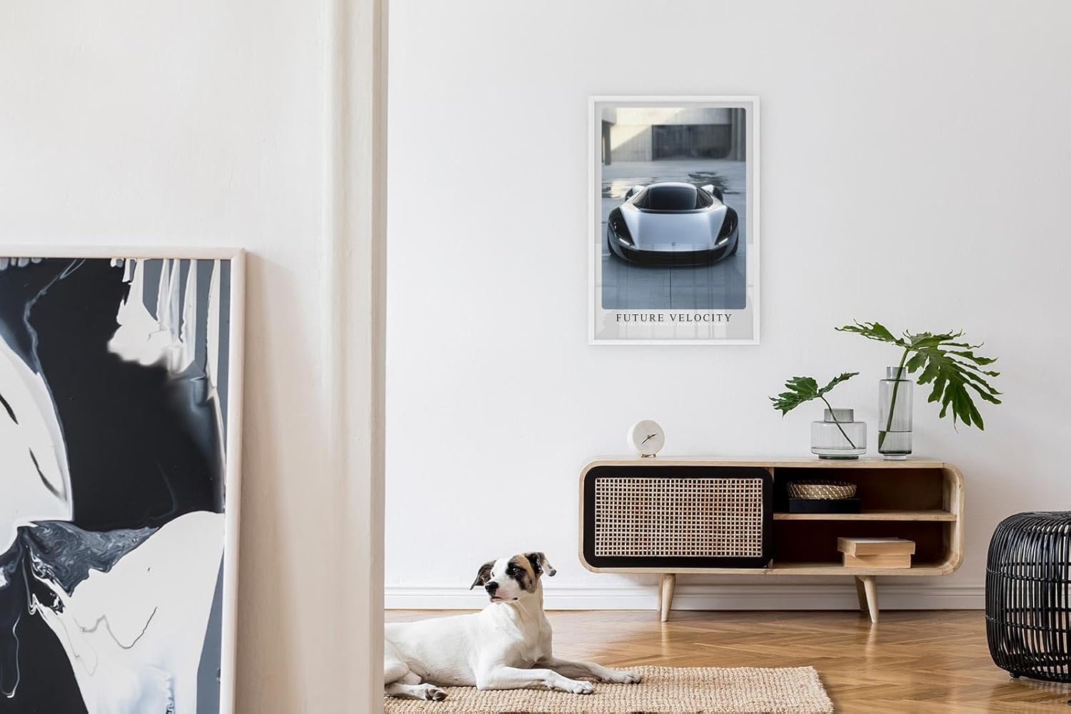 Paul Sinus Leinwandbild 80x120cm futuristischer Supersportwagen in urbaner Architektur, minimalistische Wandkunst mit dynamischem Design