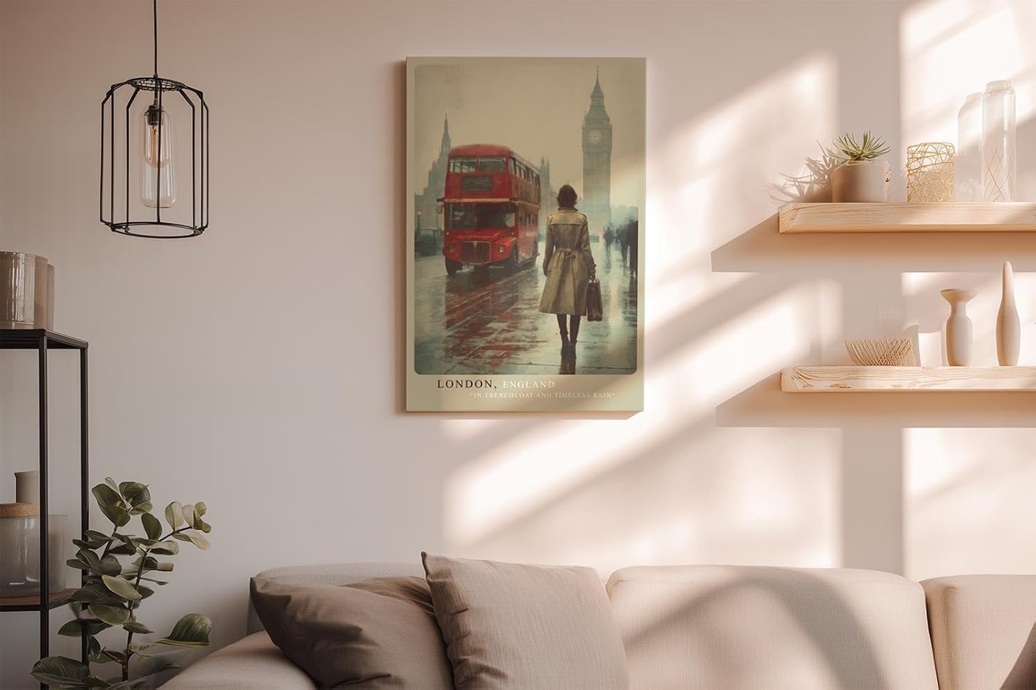 Paul Sinus Wandbild in 40x60cm London, England – Malerische Straßenszene mit rotem Doppeldeckerbus und Big Ben im Hintergrund, stilvolle Stadtansicht im Regen