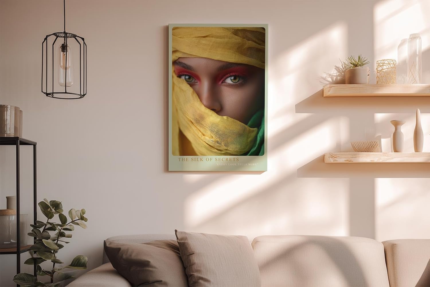 Paul Sinus Wandbild in 40x60cm The Silk of Secrets – Intensiver Blick mit gelbem und grünem Tuch umhüllt