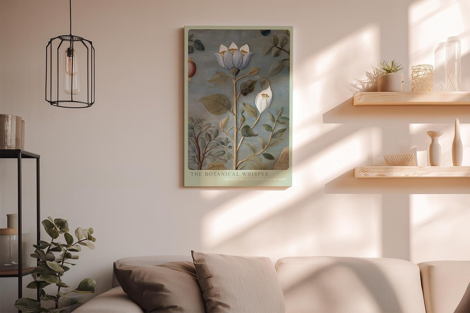 Paul Sinus Wandbild in 40x60cm The Botanical Whisper Feine botanische Illustration einer blauen Blüte mit Blättern auf dezentem Hintergrund