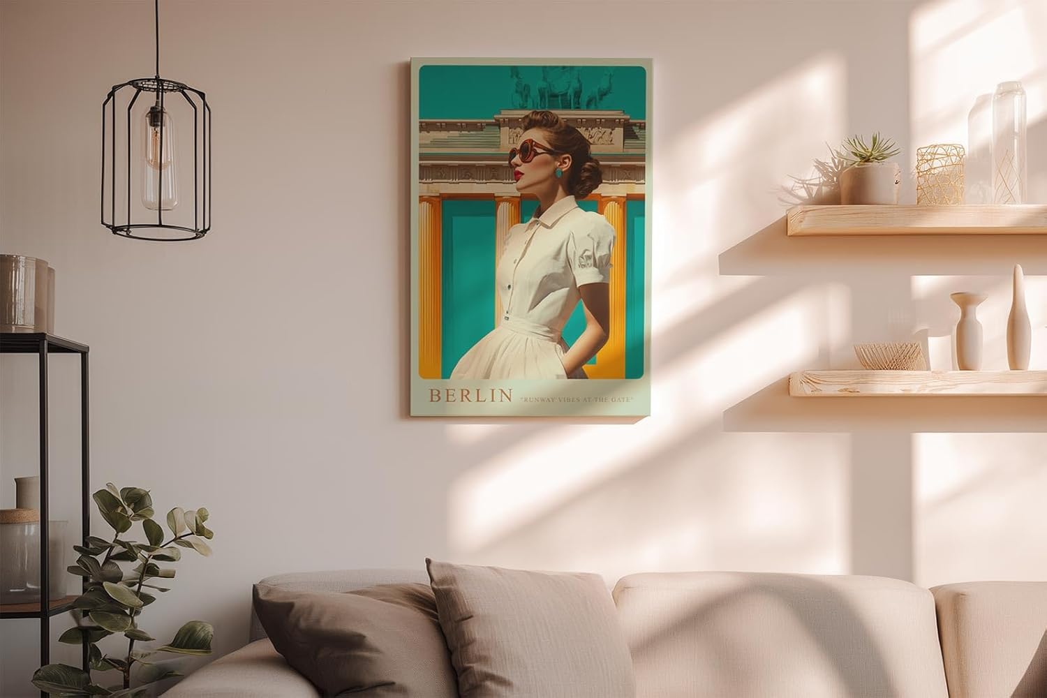 Paul Sinus Wandbild in 40x60cm Berlin – modebewusste Frau vor dem Brandenburger Tor in kräftigen Farben