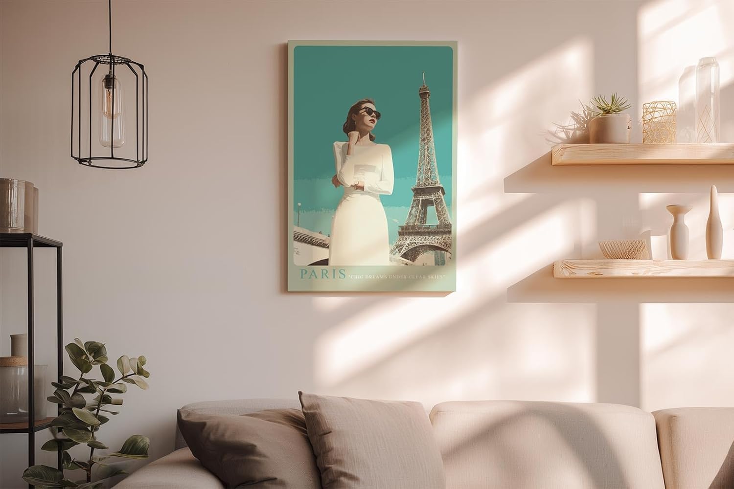 Paul Sinus Wandbild in 40x60cm Paris – elegante Frau in Weiß vor dem Eiffelturm im Retro-Stil