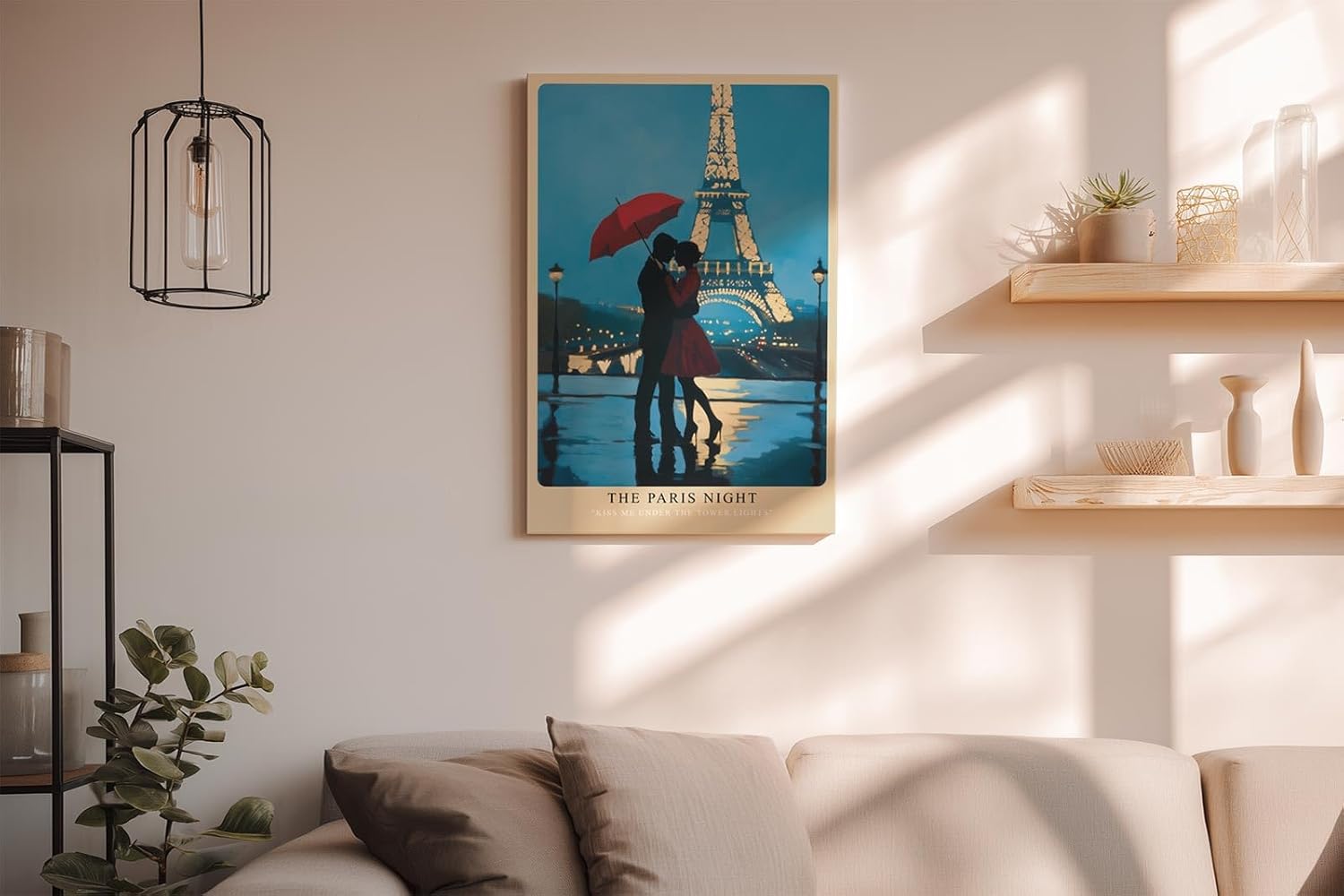 Paul Sinus Wandbild in 40x60cm The Paris Night – romantische Pariser Nachtszene mit Paar und rotem Schirm vor dem Eiffelturm für elegante Raumgestaltung