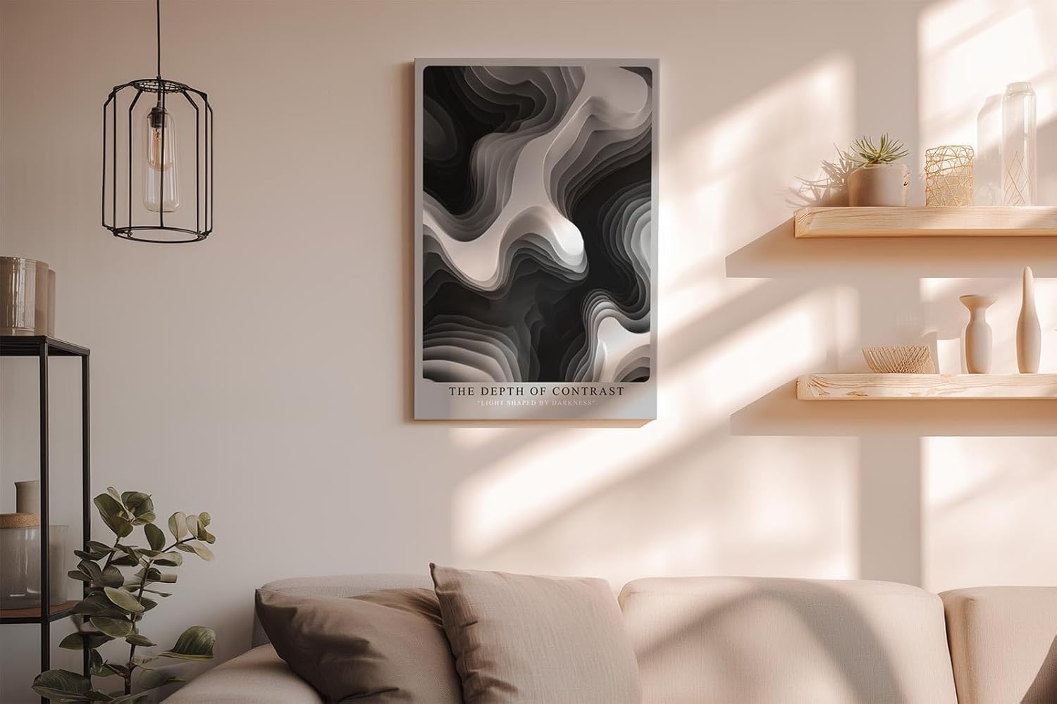 Paul Sinus Wandbild in 40x60cm The Depth of Contrast – Schwarz-weiße Reliefstruktur mit fließenden, organischen Linien und starker Licht-Schatten-Wirkung