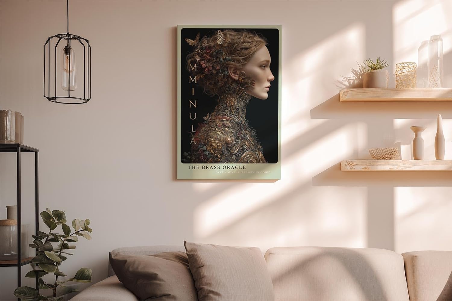 Paul Sinus Wandbild in 40x60cm The Brass Oracle Porträt einer Frau mit kunstvollen mechanischen Ornamenten und floralen Details in Gold und Messing