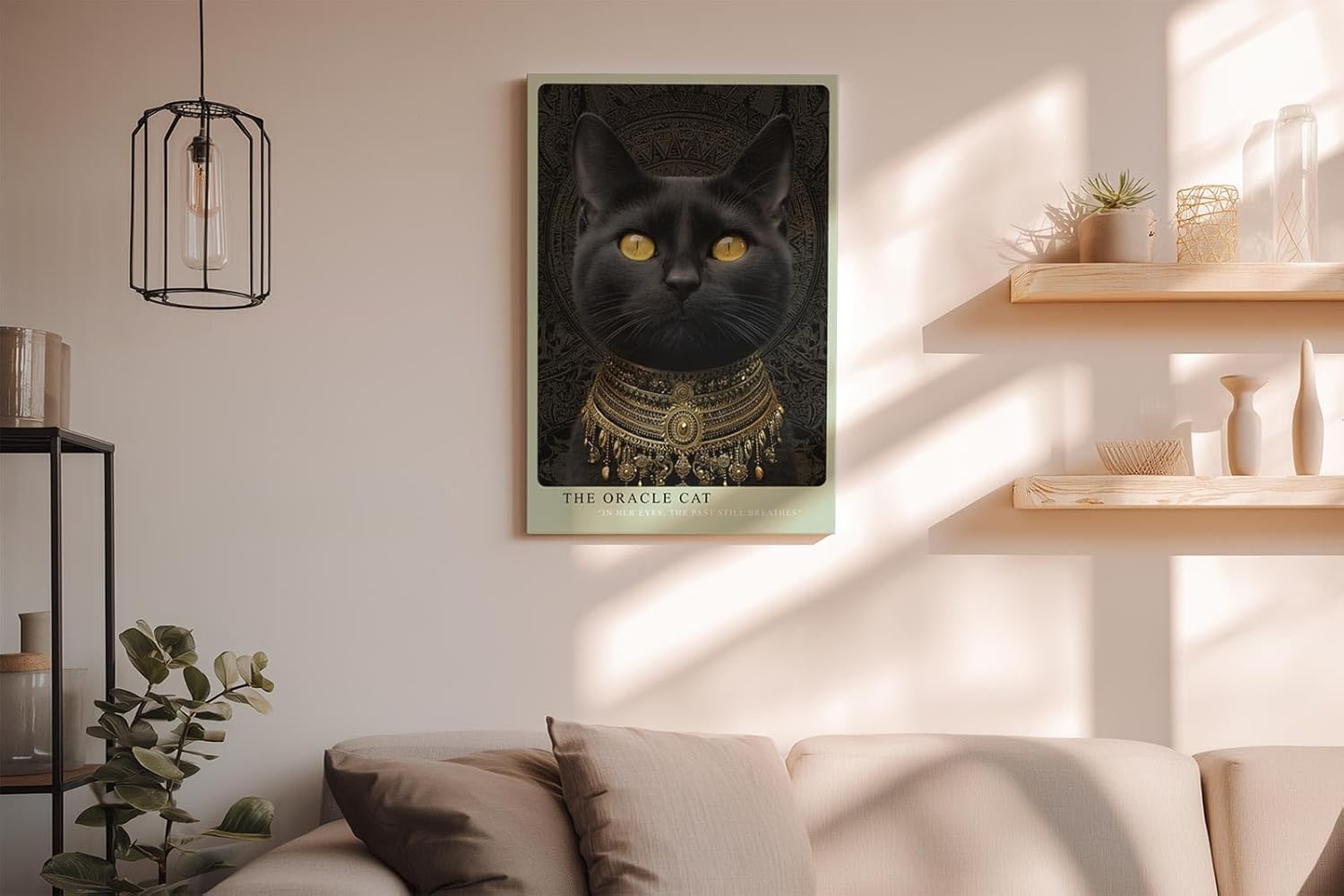 Paul Sinus Wandbild in 40x60cm The Oracle Cat mit schwarzer Katze und goldenen Augen vor ornamentalem Hintergrund für edle Wandgestaltung