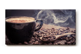 Sinus Art Wandbild 120x80cm Aromatische Darstellung mit dampfender Kaffeetasse und Kaffeebohnen weckt die Sinne und schafft gemütliche Stimmung