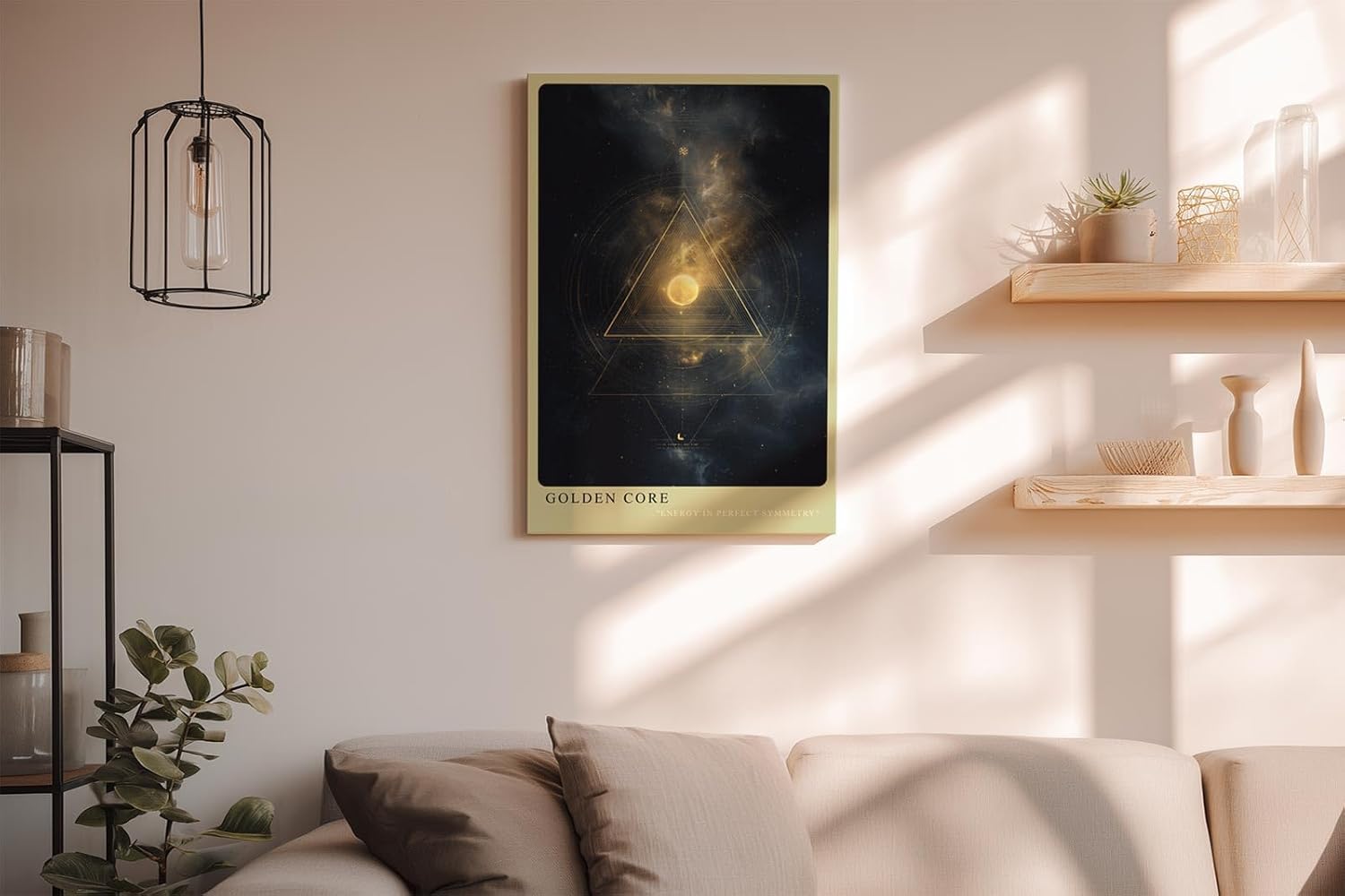 Paul Sinus Wandbild in 40x60cm Golden Core – Mystische Weltraumszene mit leuchtendem goldenen Kern und symmetrischen geometrischen Linien