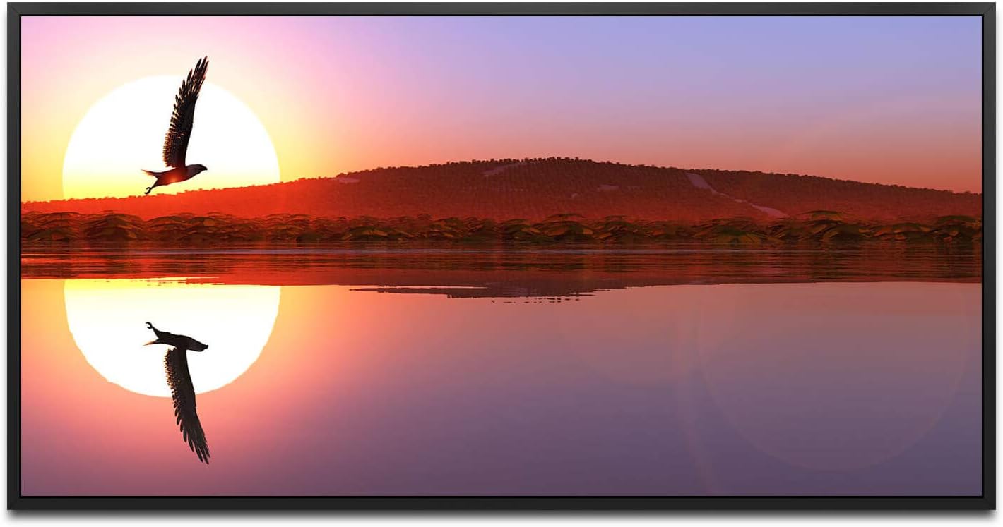 Adler in einer Seen Landschaft ca. 130x70cm Wandbild inklusive Schattenfugenrahmen schwarz - Panorama Leinwand Bild XXL Format Wandbilder Wohnzimmer Wohnung Deko Kunstdrucke