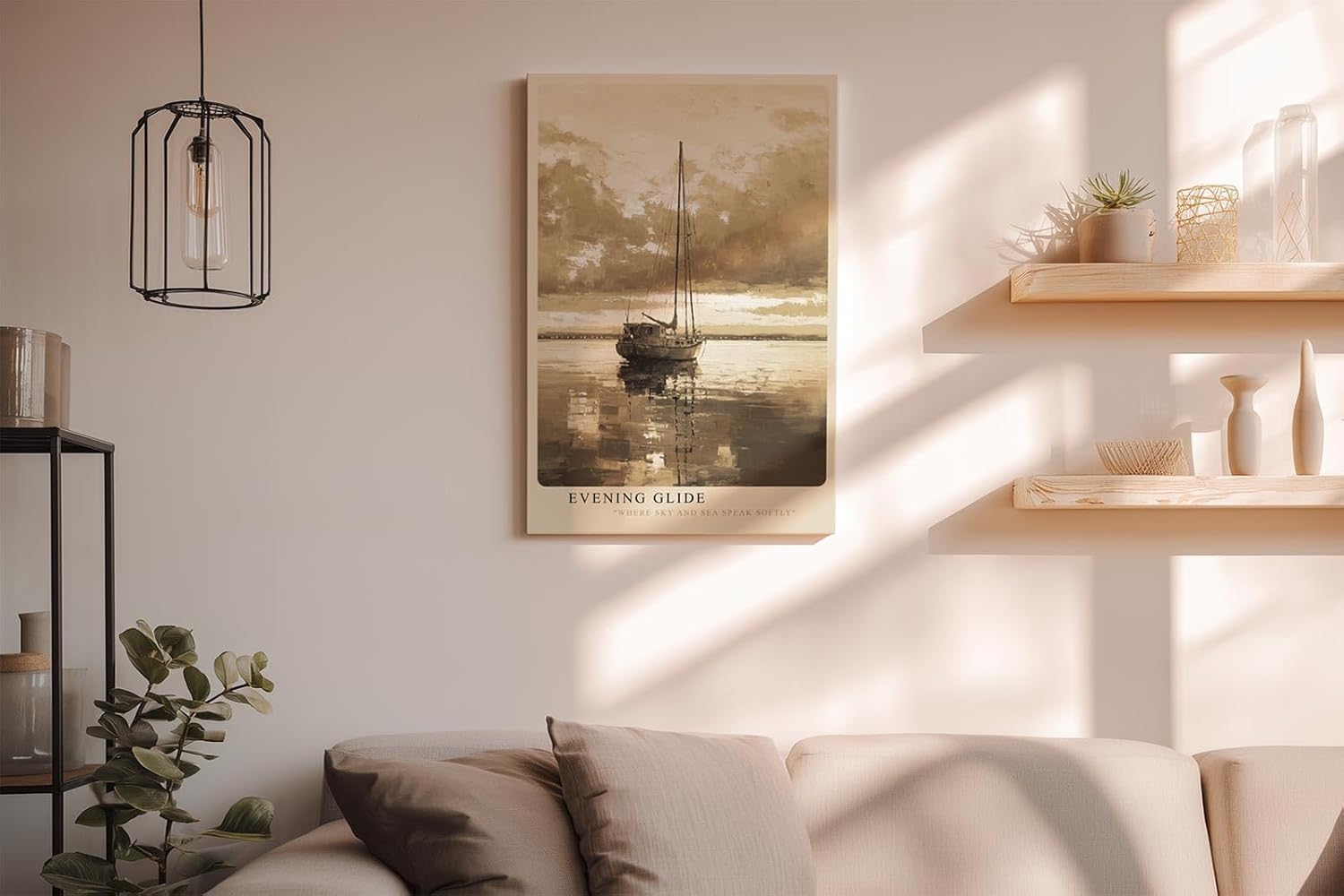 Paul Sinus Wandbild in 40x60cm Sepia-Segelboot auf ruhigem Wasser mit Wolkenhimmel – zeitlose maritime Kunst in warmen Farbtönen