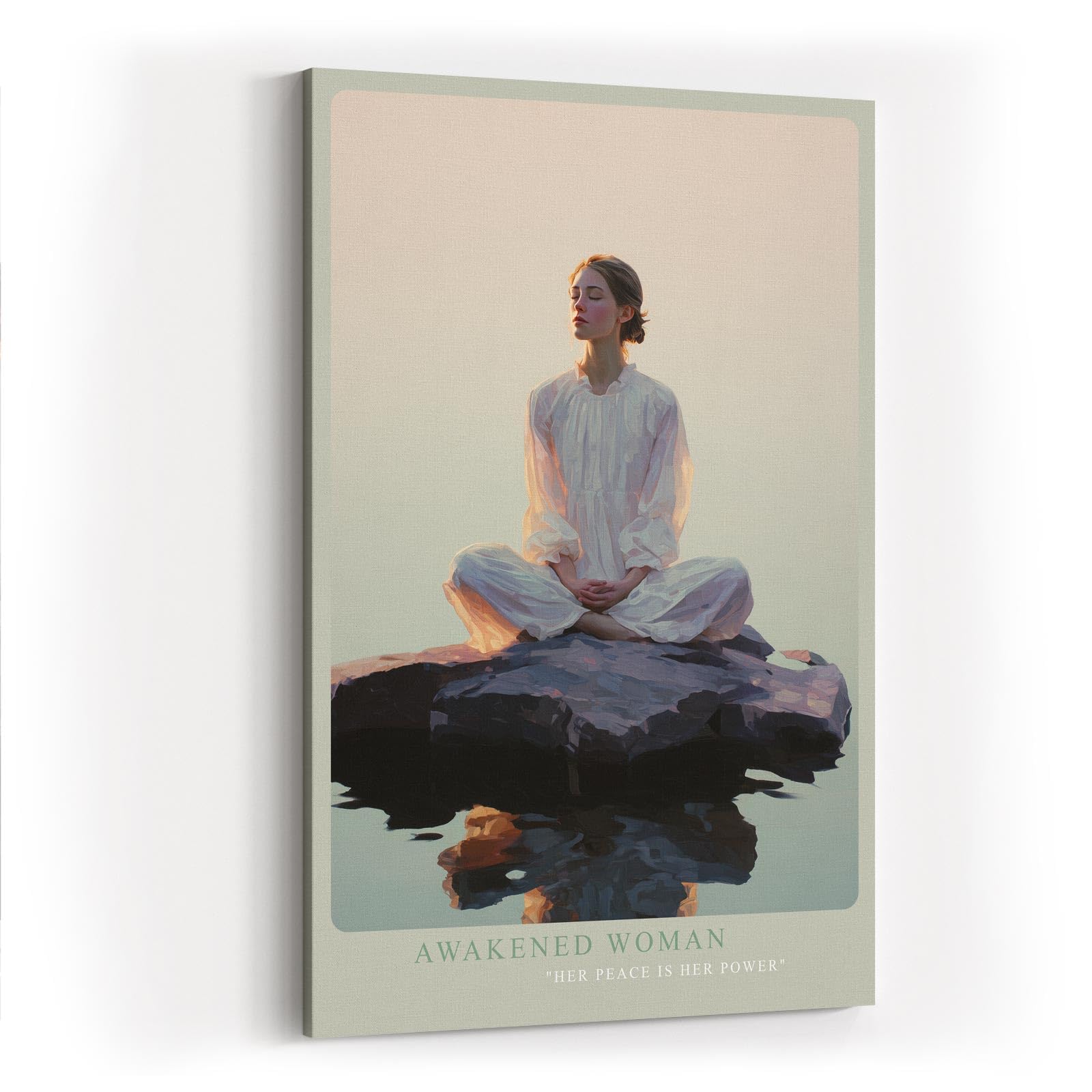 Paul Sinus Wandbild in 60x90cm Awakened Woman – Meditatives Porträt einer Frau im weißen Kleid, sitzend auf einem Felsen im Wasser bei Sonnenaufgang, moderne Bilder in sanften Farbtönen