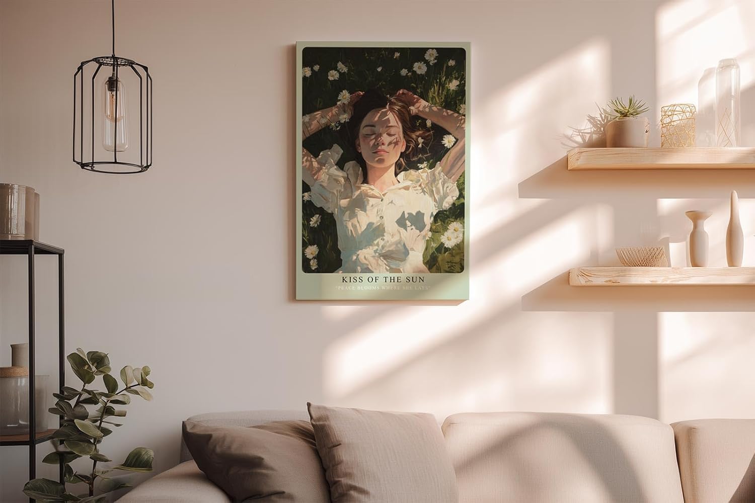 Paul Sinus Wandbild in 40x60cm Kiss of the Sun – Liegendes Porträt einer jungen Frau auf einer Wiese voller Gänseblümchen, im Sonnenlicht badend