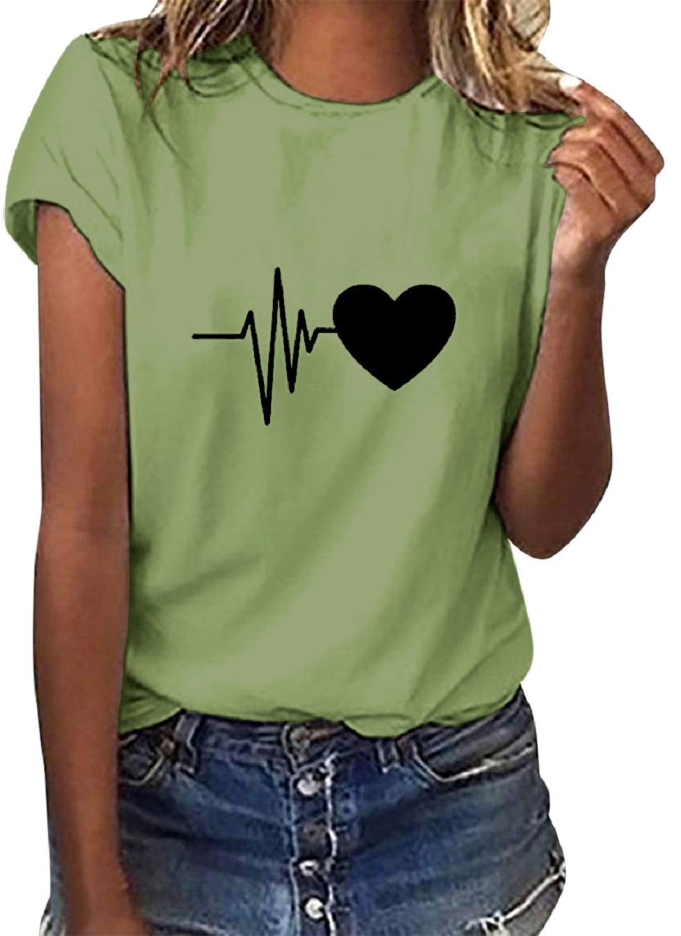 Tuopuda T-Shirt Damen Sommer Oberteile Rundhals Kurzärmeliges Print Bluse Basic Shirt Bequem Baumwolle Tunika Tee Tops Schlank Hemd für Frühling Sommer Herbst