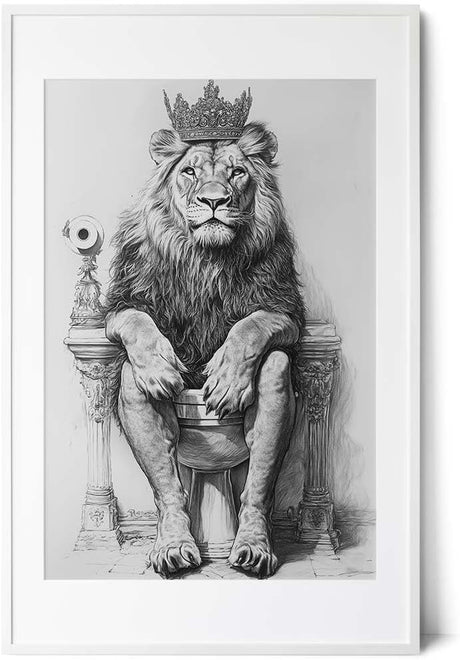 Paul Sinus Poster/Leinwandbild/Rahmenoption – Majestätischer Löwe auf dem Klothron – Lustige WC-Deko für dein Badezimmer