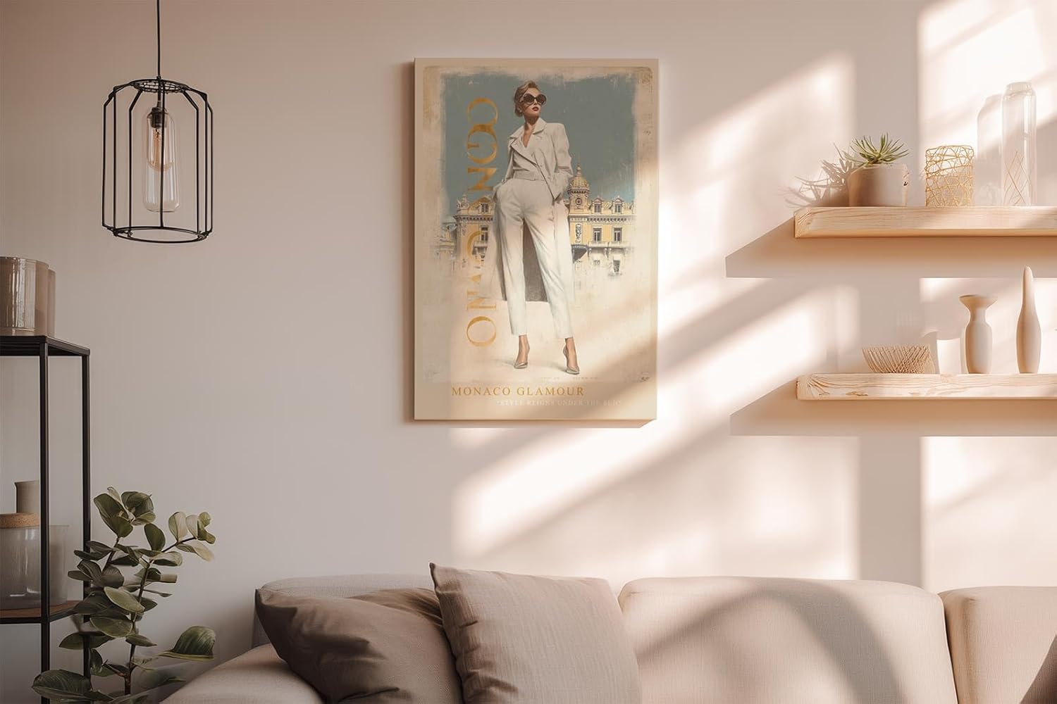 Paul Sinus Wandbild in 40x60cm Monaco Glamour Frau im weißen Anzug vor Casino de Monte-Carlo luxuriöse Kunst auf Leinwand