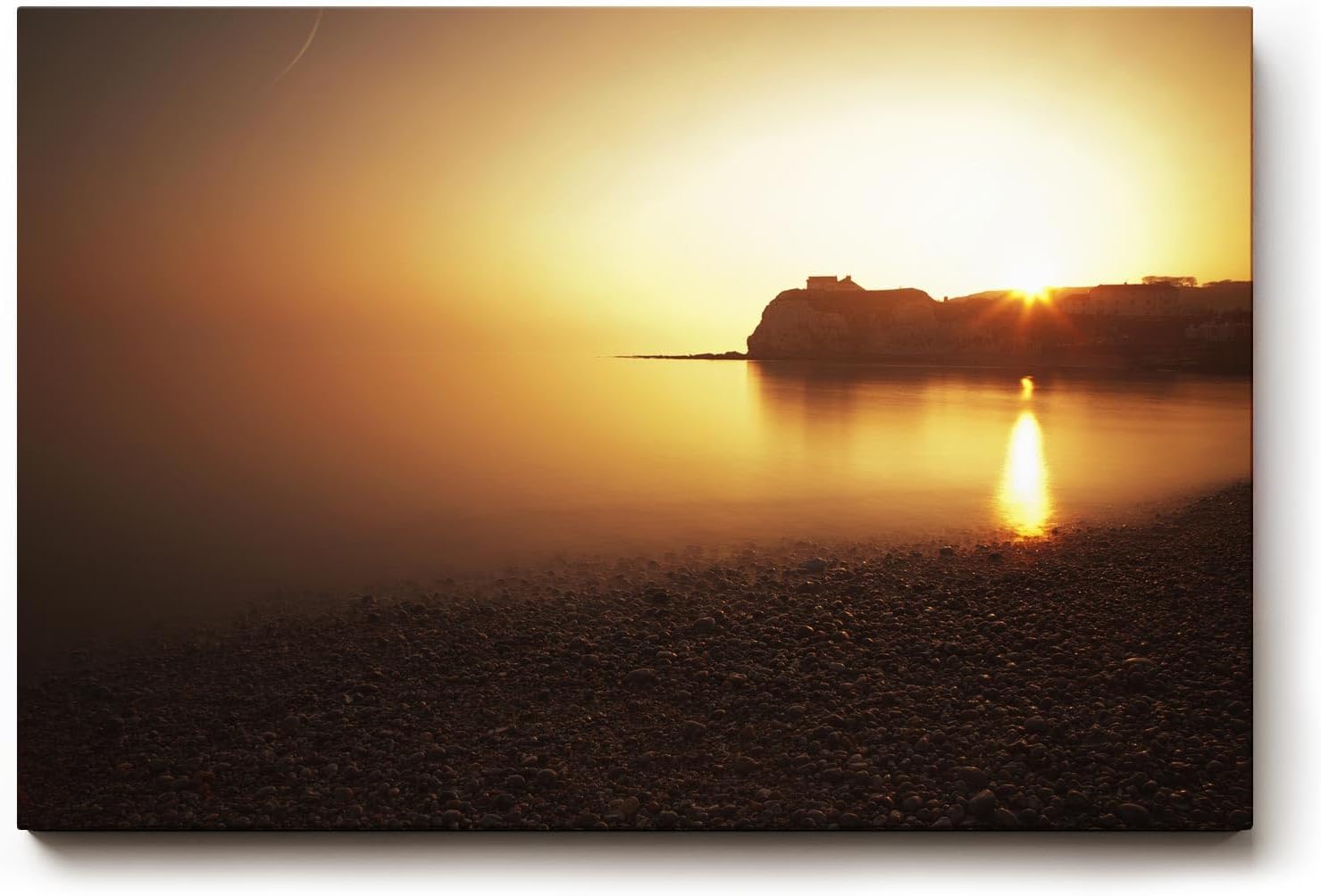 Sinus Art Wandbild 120x80cm Ruhiger Küstenstreifen im goldenen Abendlicht – meditativ, weit und beruhigend