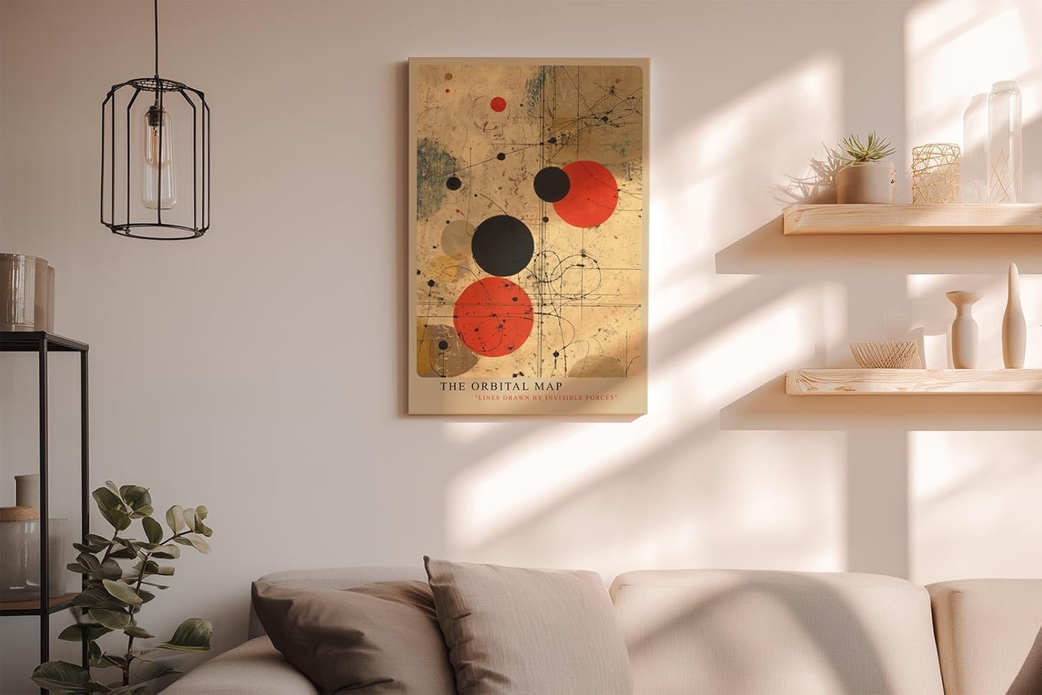 Paul Sinus Wandbild in 40x60cm The Orbital Map – Abstraktes Spiel aus roten und schwarzen Kreisen auf beigem Hintergrund mit feinen Linien wie unsichtbare Kräfte