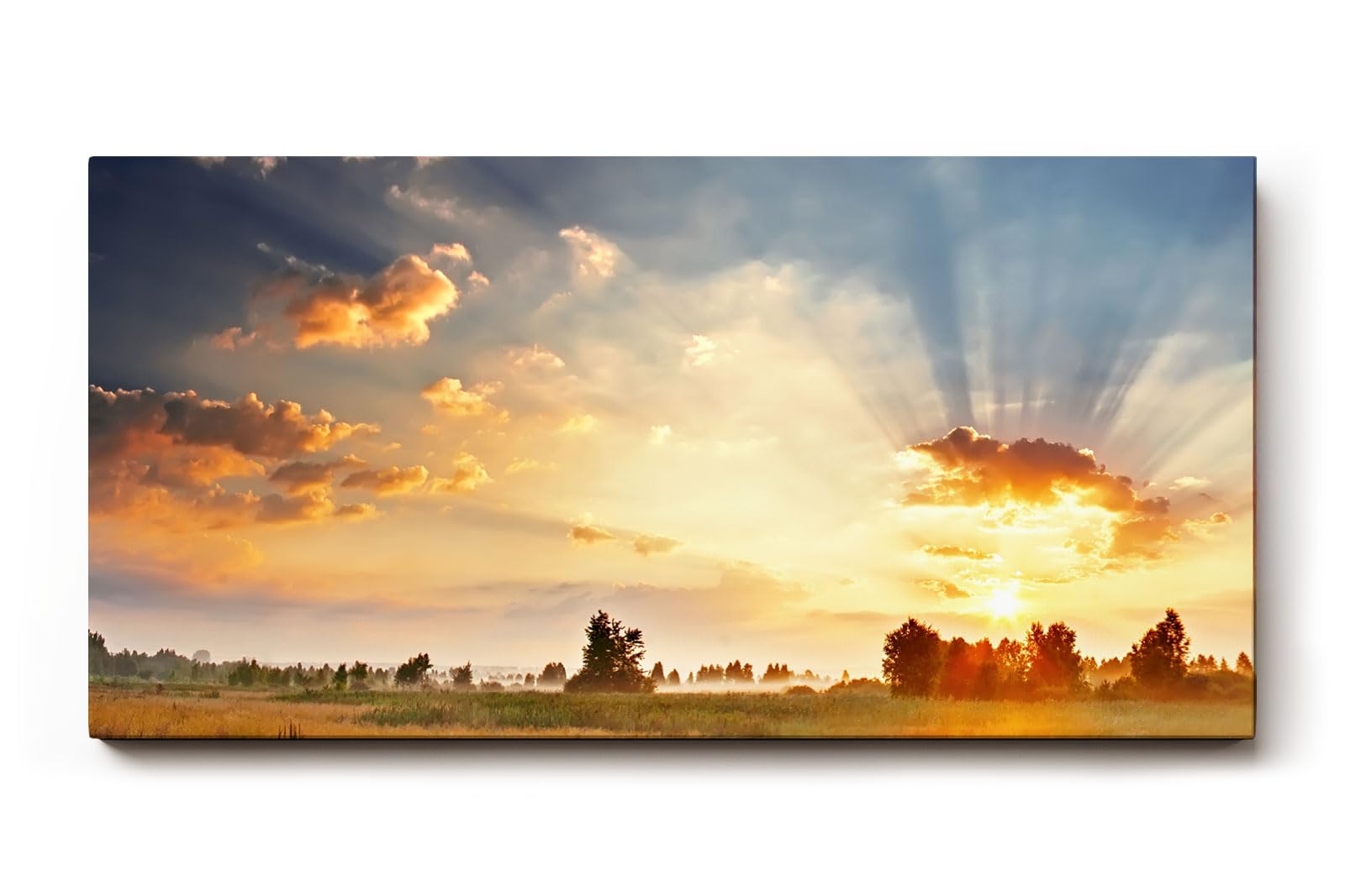 Sinus Art Wandbild 120x80cm Weite Felder im goldenen Abendlicht mit ausdrucksstarkem Himmelspanorama