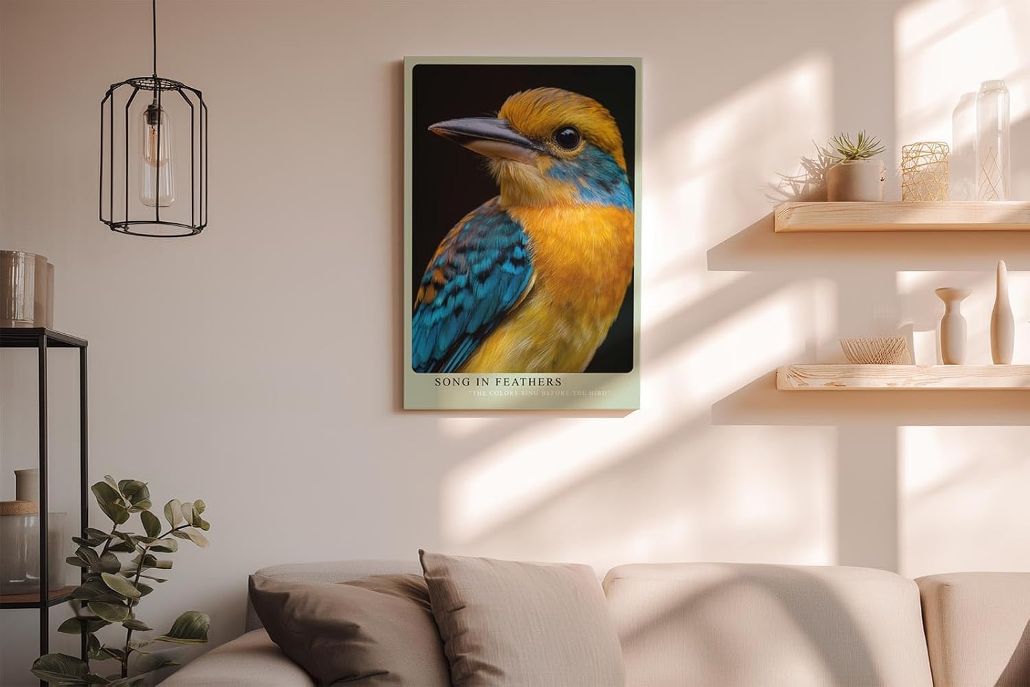 Paul Sinus Wandbild in 40x60cm Song in Feathers – farbenfrohes Vogelporträt in harmonischen Blauund Gelbtönen für stilvolle Raumgestaltung