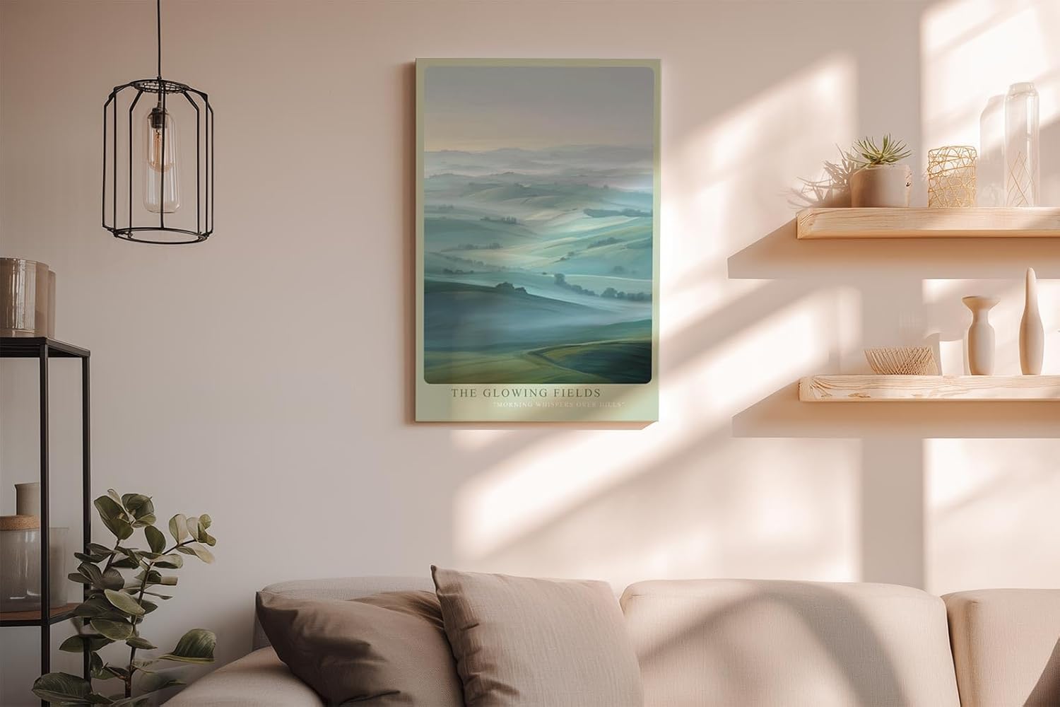 Paul Sinus Wandbild in 40x60cm The Glowing Fields – stimmungsvolle Hügellandschaft im Morgenlicht für warme und einladende Raumgestaltung