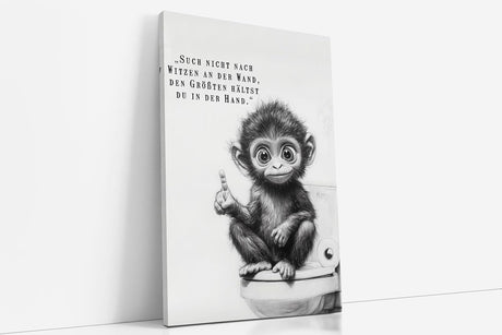 Paul Sinus Poster/Leinwandbild/Rahmenoption – Frecher Affe auf Toilette „Such nicht nach Witzen…“ – Lustige WC-Deko für dein Badezimmer