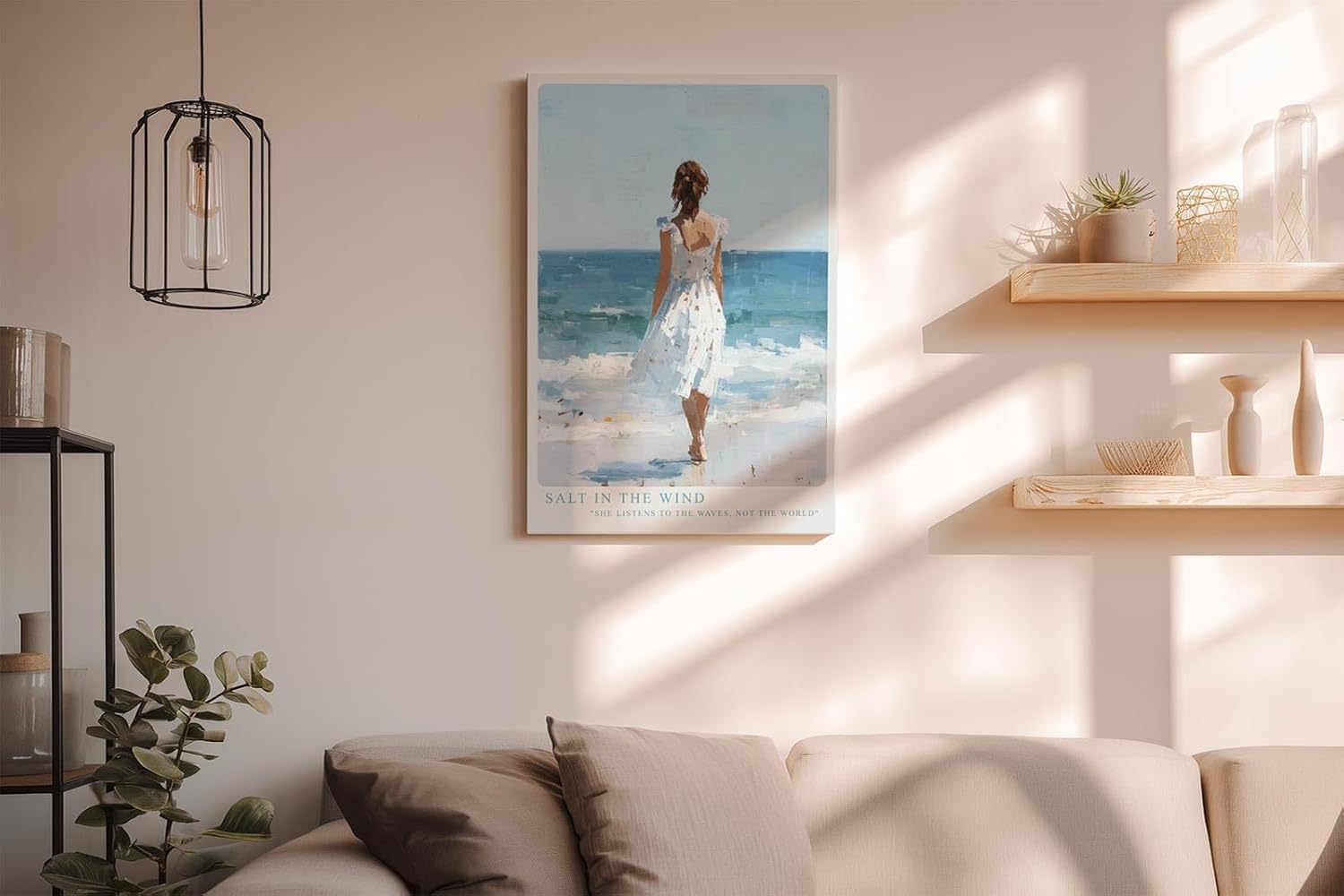 Paul Sinus Wandbild in 40x60cm Frau im weißen Kleid am Meer – harmonisches Küstenmotiv in impressionistischer Malweise für entspannende Wohnraumgestaltung