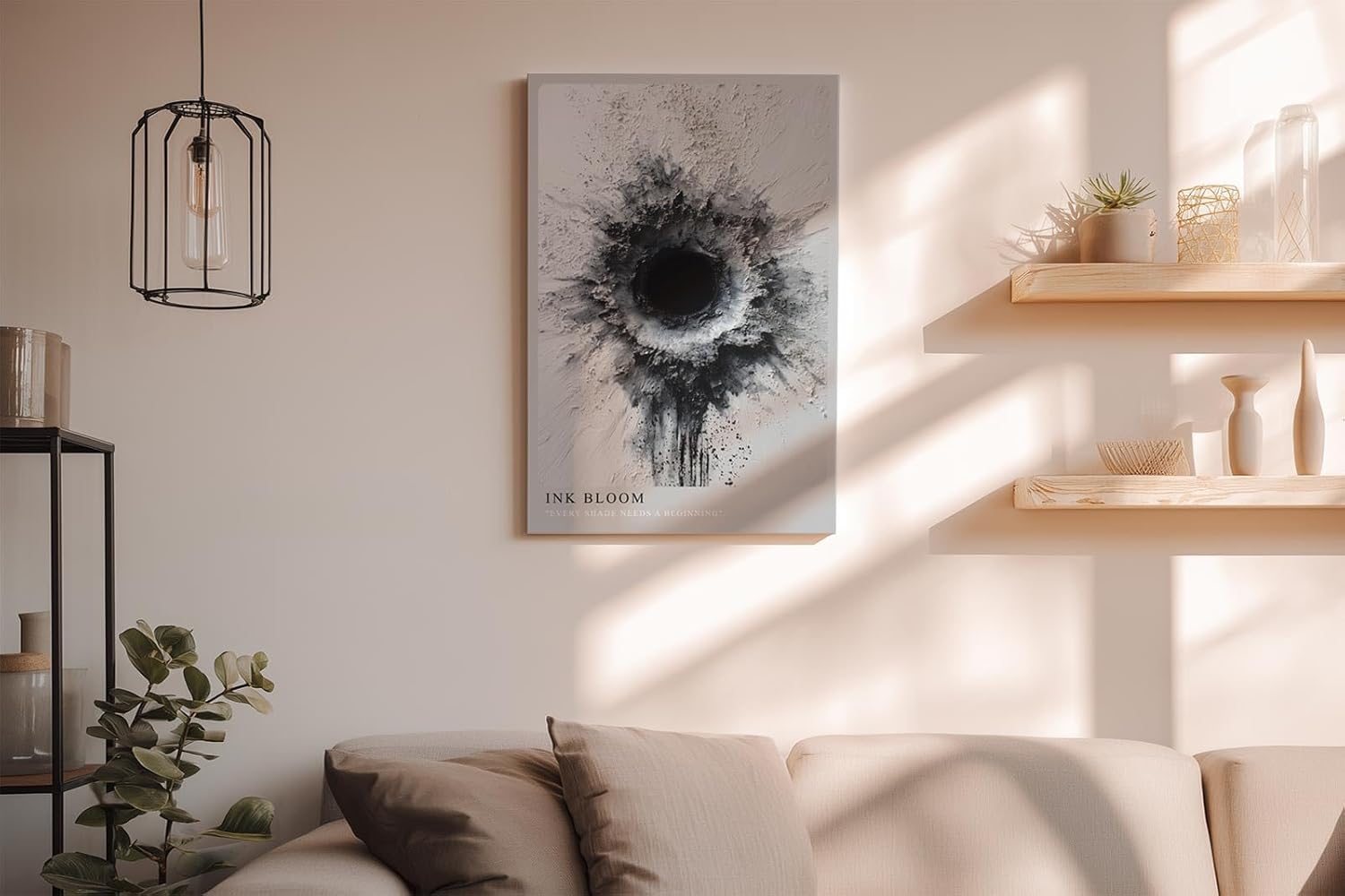 Paul Sinus Wandbild in 40x60cm Ink Bloom Abstraktes Schwarz-Weiß-Kunstwerk mit texturierter, radialer Form und dunklem Zentrum