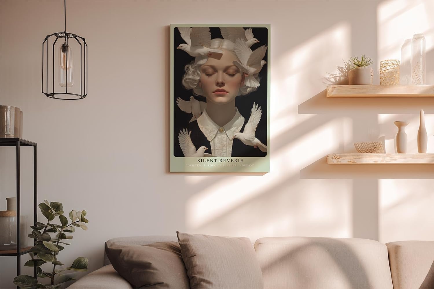 Paul Sinus Wandbild in 40x60cm Silent Reverie Porträt einer Frau mit geschlossenen Augen, umgeben von weißen Tauben, für friedvolle Raumgestaltung