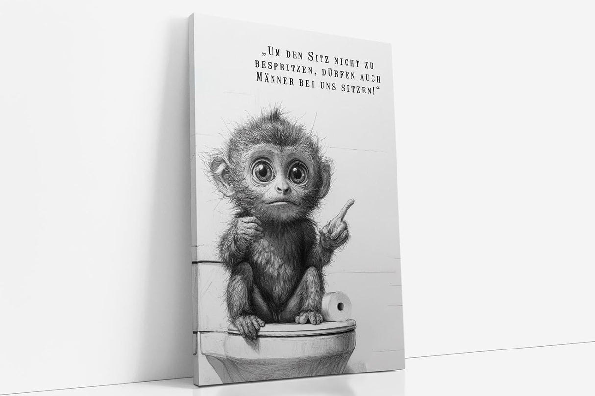 Paul Sinus Poster/Leinwandbild/Rahmenoption – Belehrender Affe auf Toilette „Männer dürfen sitzen!“ – Lustige WC-Deko für dein Badezimmer