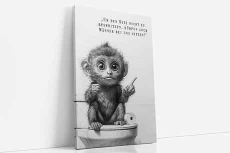Paul Sinus Poster/Leinwandbild/Rahmenoption – Belehrender Affe auf Toilette „Männer dürfen sitzen!“ – Lustige WC-Deko für dein Badezimmer