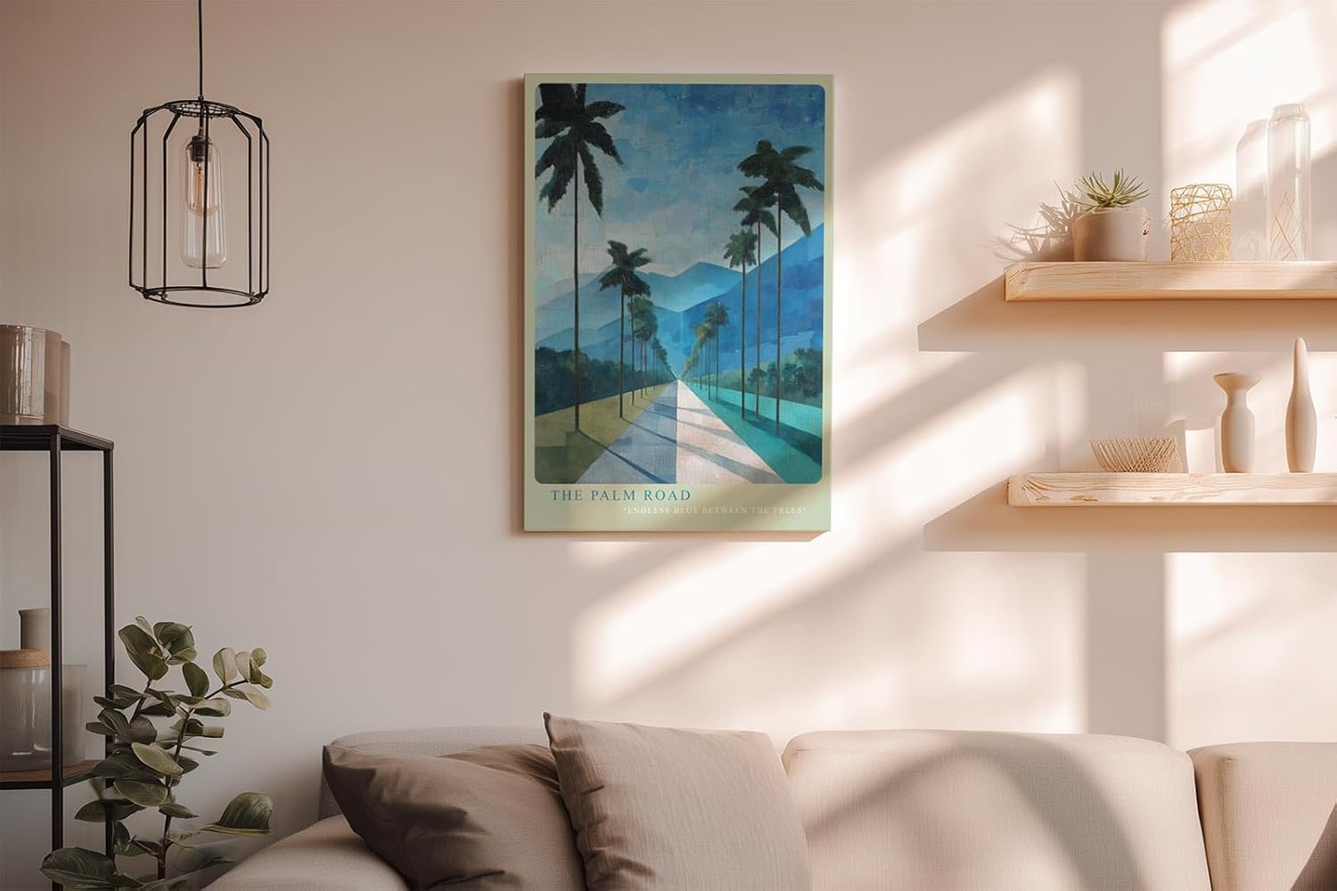 Paul Sinus Wandbild in 40x60cm The Palm Road mit malerischen Palmen und blauem Gebirgsblick in endloser Tiefe für stilvolle Raumgestaltung