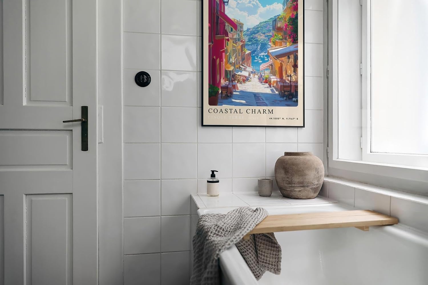 Paul Sinus Leinwandbild 80x120cm Coastal Charm – Italien, Cinque Terre, Mittelmeer, Küste, Farben, Urlaub, Sommer, Architektur, Charme, Gasse