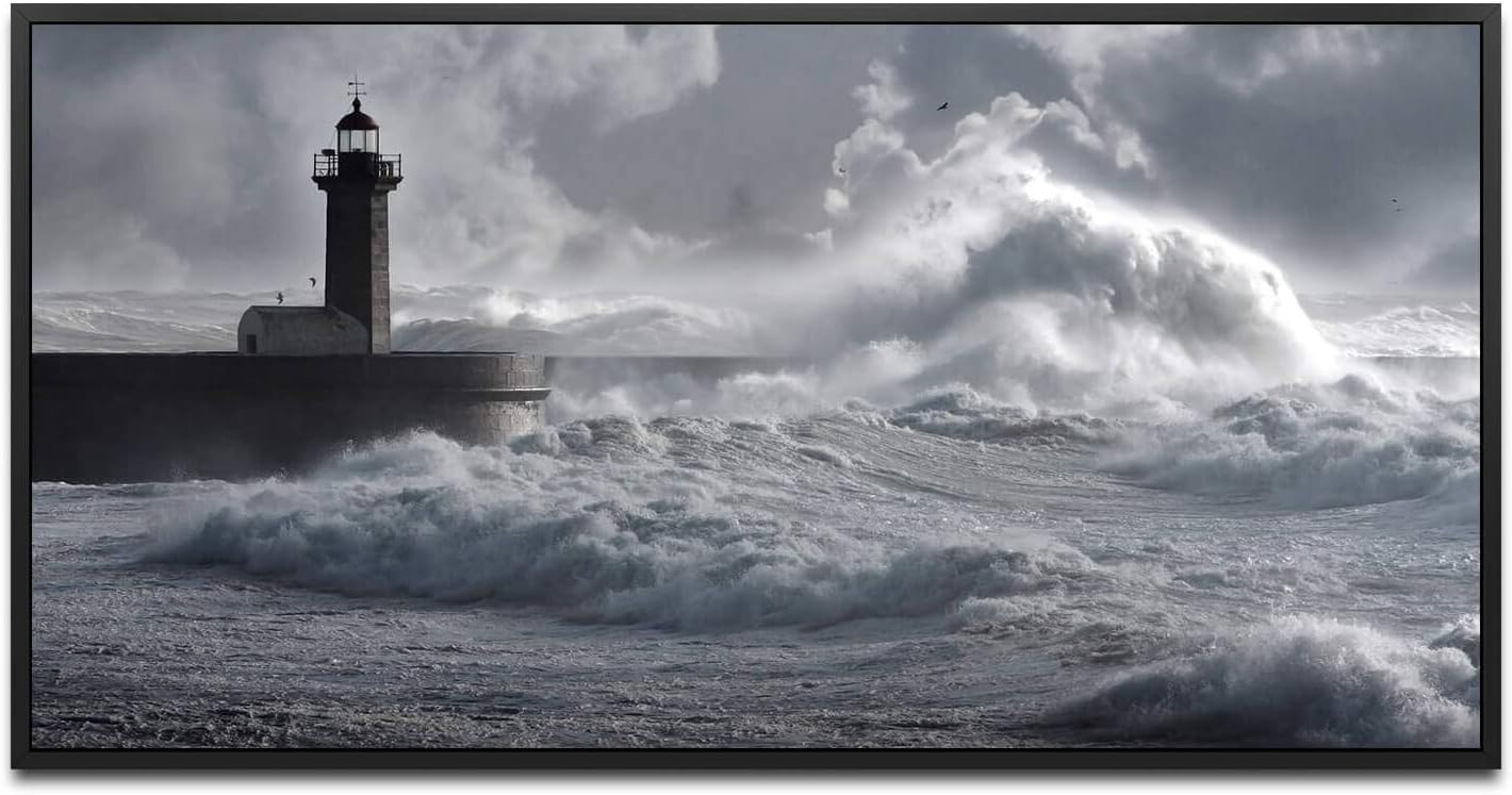 Leuchtturm in Portugal ca. 130x70cm Wandbild inklusive Schattenfugenrahmen schwarz - Panorama Leinwand Bild XXL Format Wandbilder Wohnzimmer Wohnung Deko Kunstdrucke