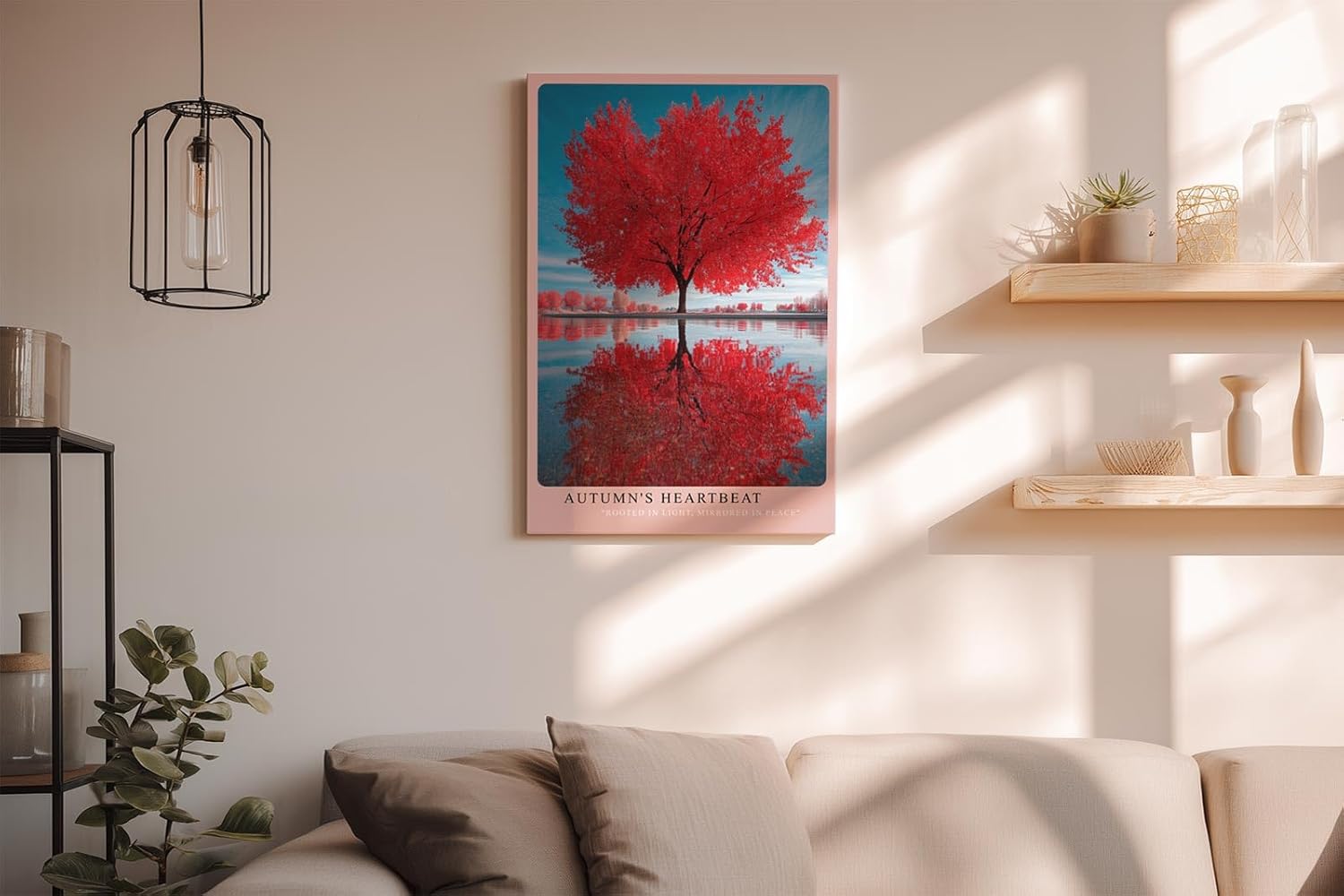 Paul Sinus Wandbild in 40x60cm Autumn's Heartbeat Roter Herbstbaum mit Spiegelung im Wasser unter blauem Himmel für elegante Wohnraumgestaltung