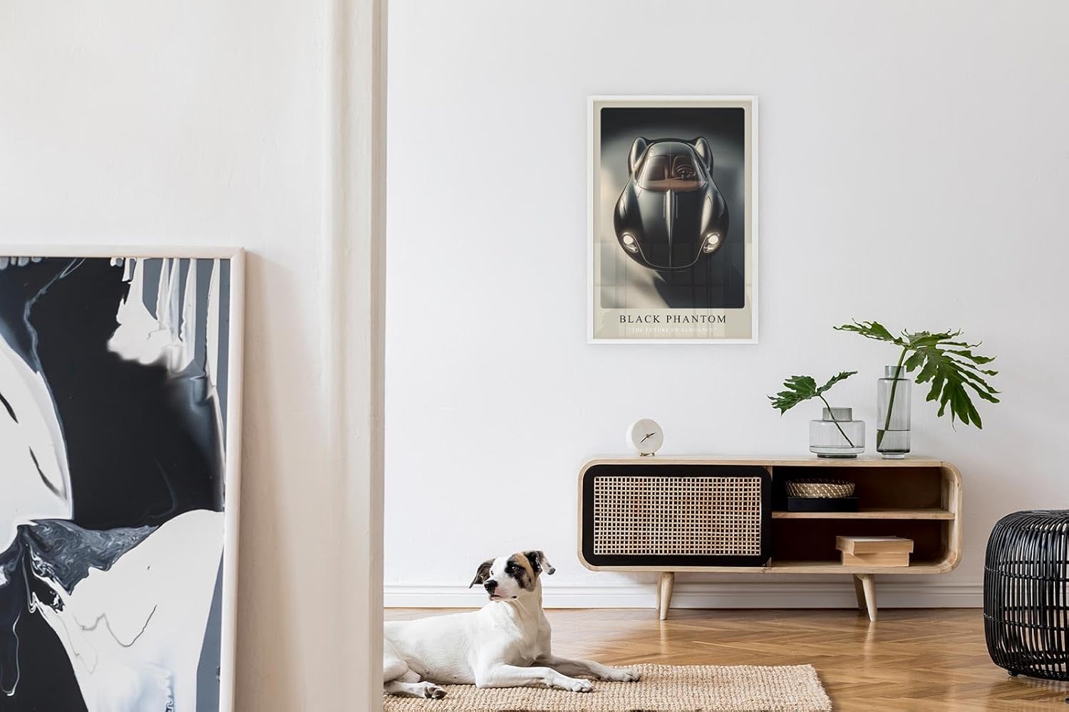 Paul Sinus Leinwandbild 80x120cm Leinwandbild Black Phantom Luxusauto futuristisches Design Eleganz Geschwindigkeit Exklusivität zeitlose Ästhetik