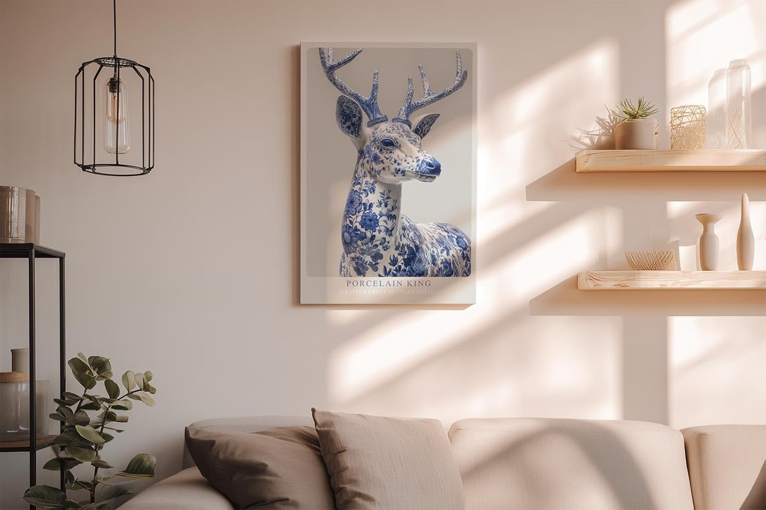 Paul Sinus Wandbild in 40x60cm Porcelain King – majestätischer Hirsch in edler Blau-Weiß-Optik mit detailreicher Porzellanstruktur