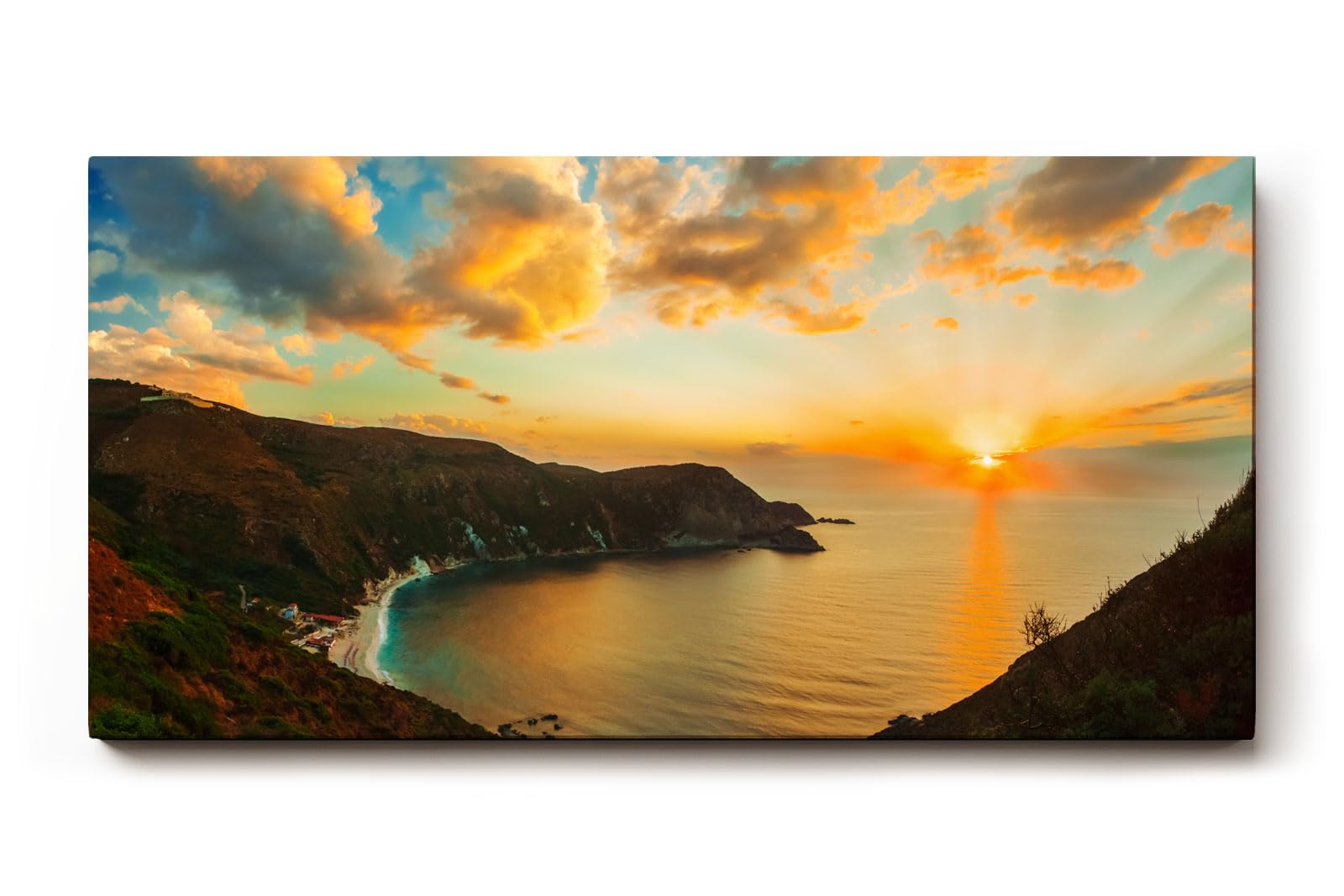 Sinus Art Wandbild 120x80cm Atemberaubender Sonnenuntergang über Küstenlinie mit weichem Farbverlauf