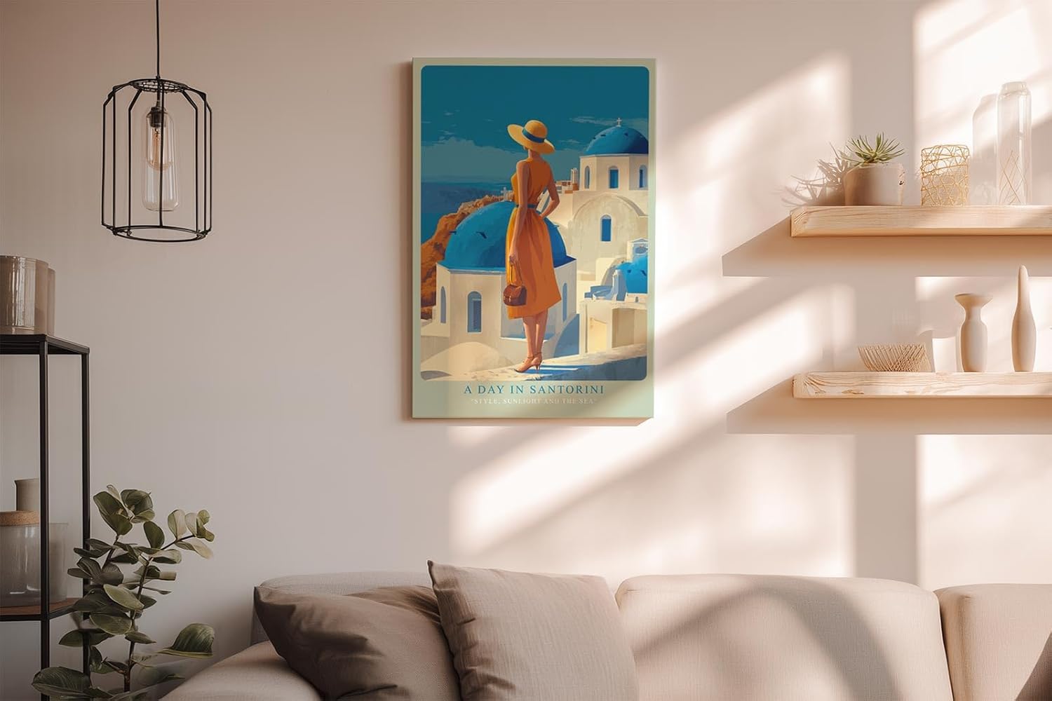 Paul Sinus Wandbild in 40x60cm A Day in Santorini – Frau in orangefarbenem Kleid mit Strohhut vor blau-weißen Kuppeln, sonnige Mittelmeerstimmung