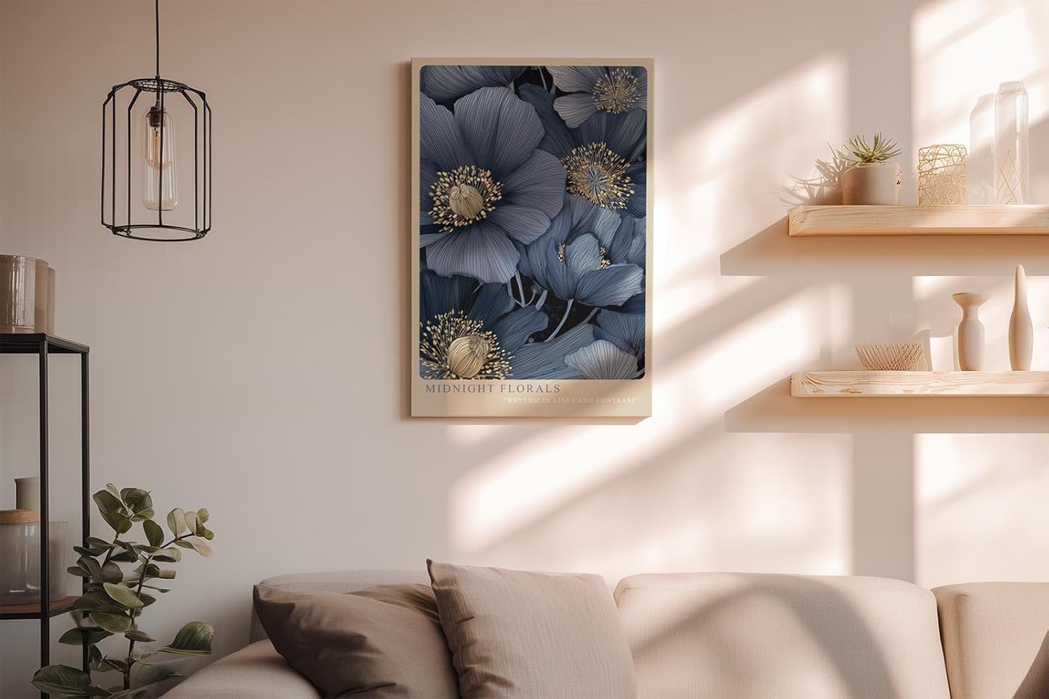Paul Sinus Wandbild in 40x60cm Midnight Florals Dunkelblaue Blüten Illustration mit Goldakzenten