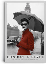 Paul Sinus Leinwandbild 40x60cm Leinwandbild London in Style – Elegante Frau mit rotem Mantel vor Big Ben, stilvolle Schwarz-Weiß-Fotografie