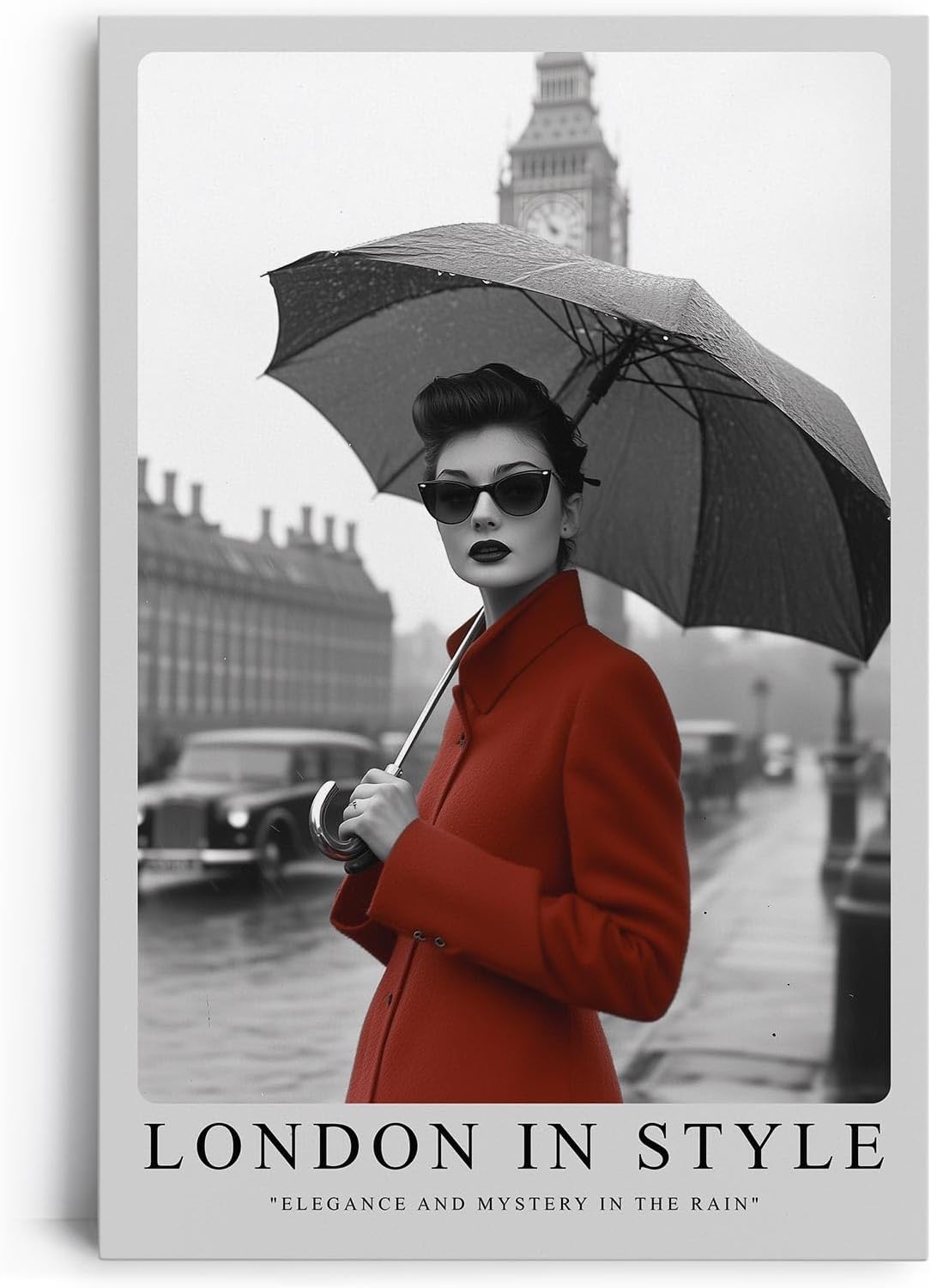 Paul Sinus Leinwandbild 40x60cm Leinwandbild London in Style – Elegante Frau mit rotem Mantel vor Big Ben, stilvolle Schwarz-Weiß-Fotografie
