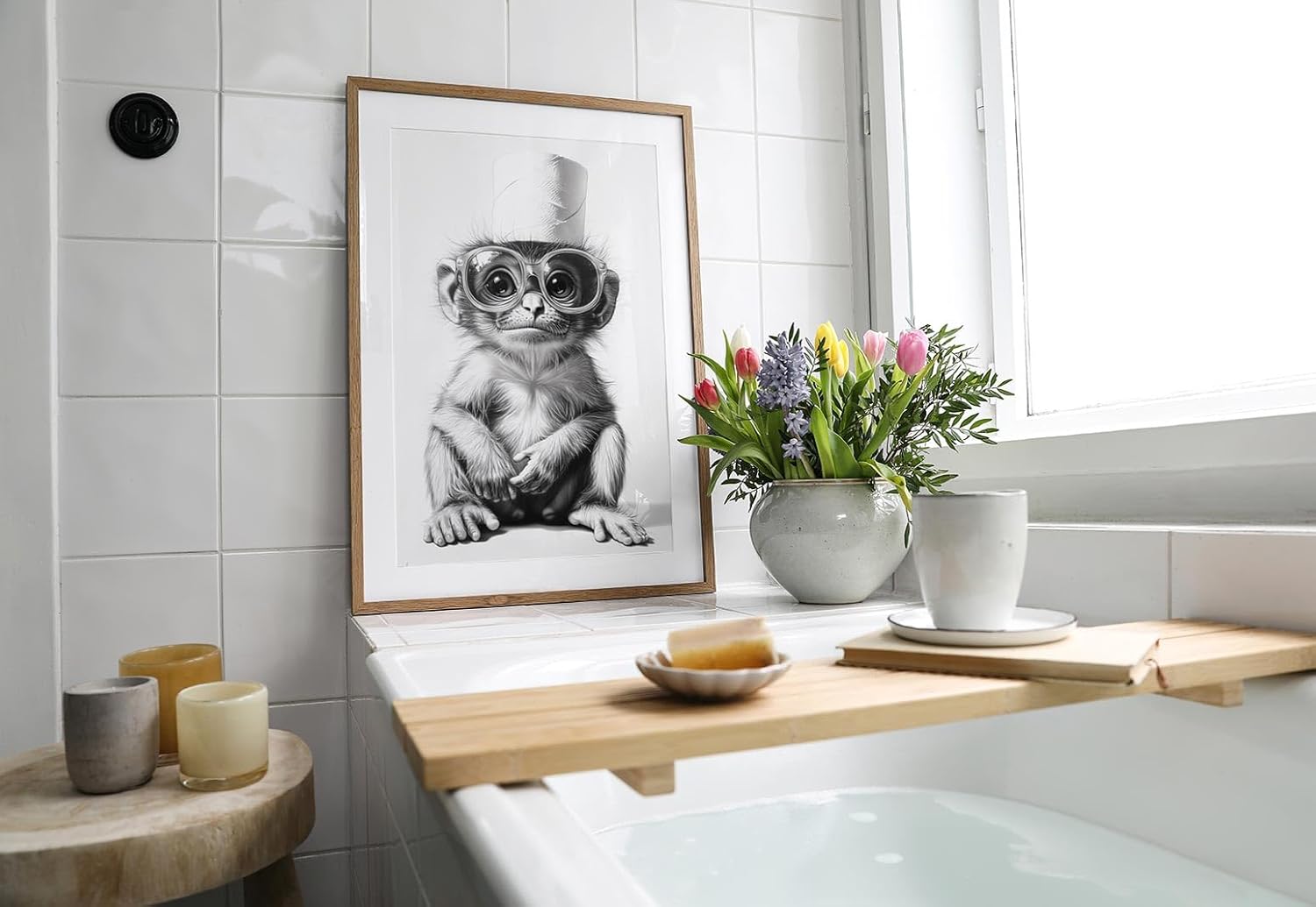 Paul Sinus Poster/Leinwandbild/Rahmenoption – Lustiger Affe mit Klopapierhut – Witzige WC-Deko für dein Badezimmer