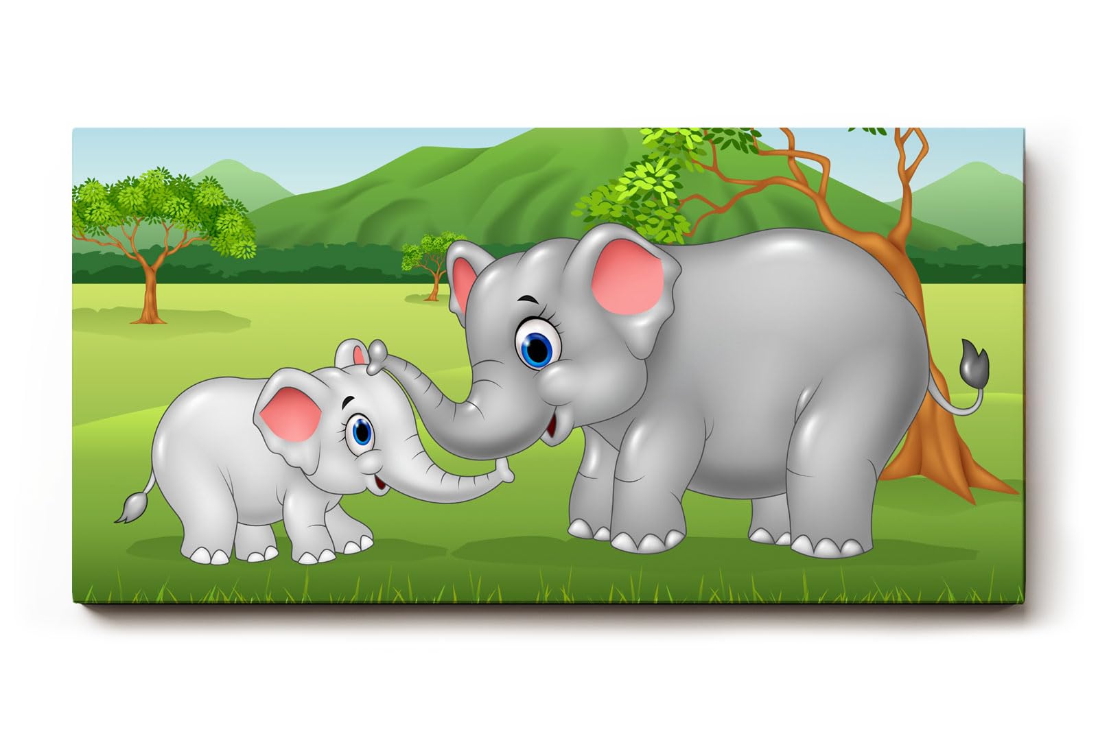 Sinus Art Wandbild 120x80cm Liebevoll gezeichnete Elefantenmutter mit Baby in lebendiger Naturkulisse
