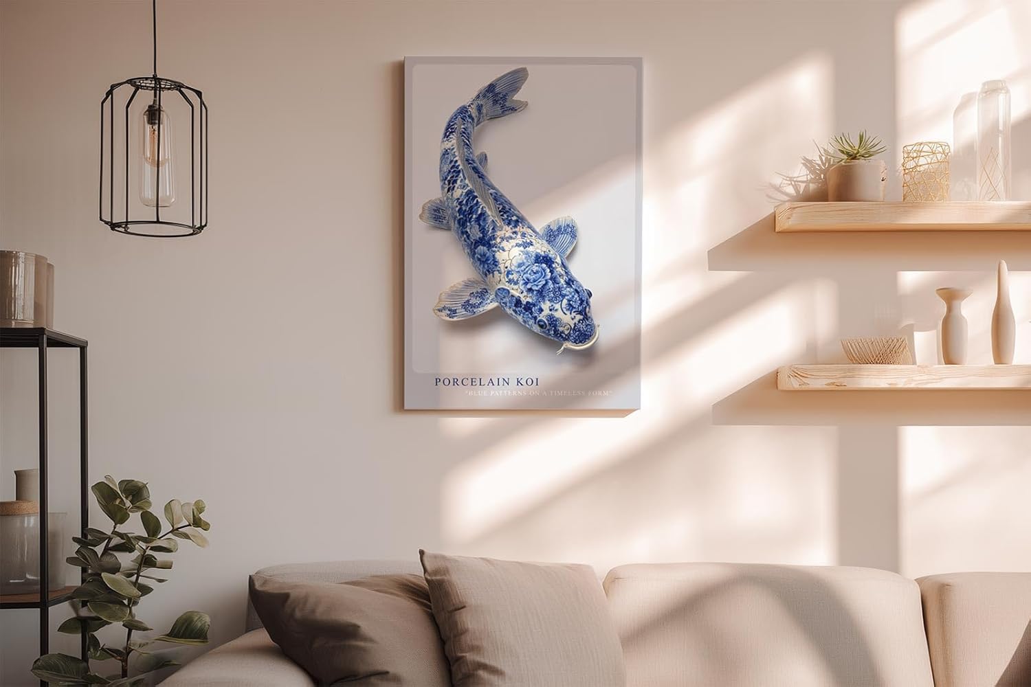 Paul Sinus Wandbild in 40x60cm Porcelain Koi – edler Koi-Fisch in filigraner Blau-Weiß-Porzellanoptik mit kunstvollen Mustern